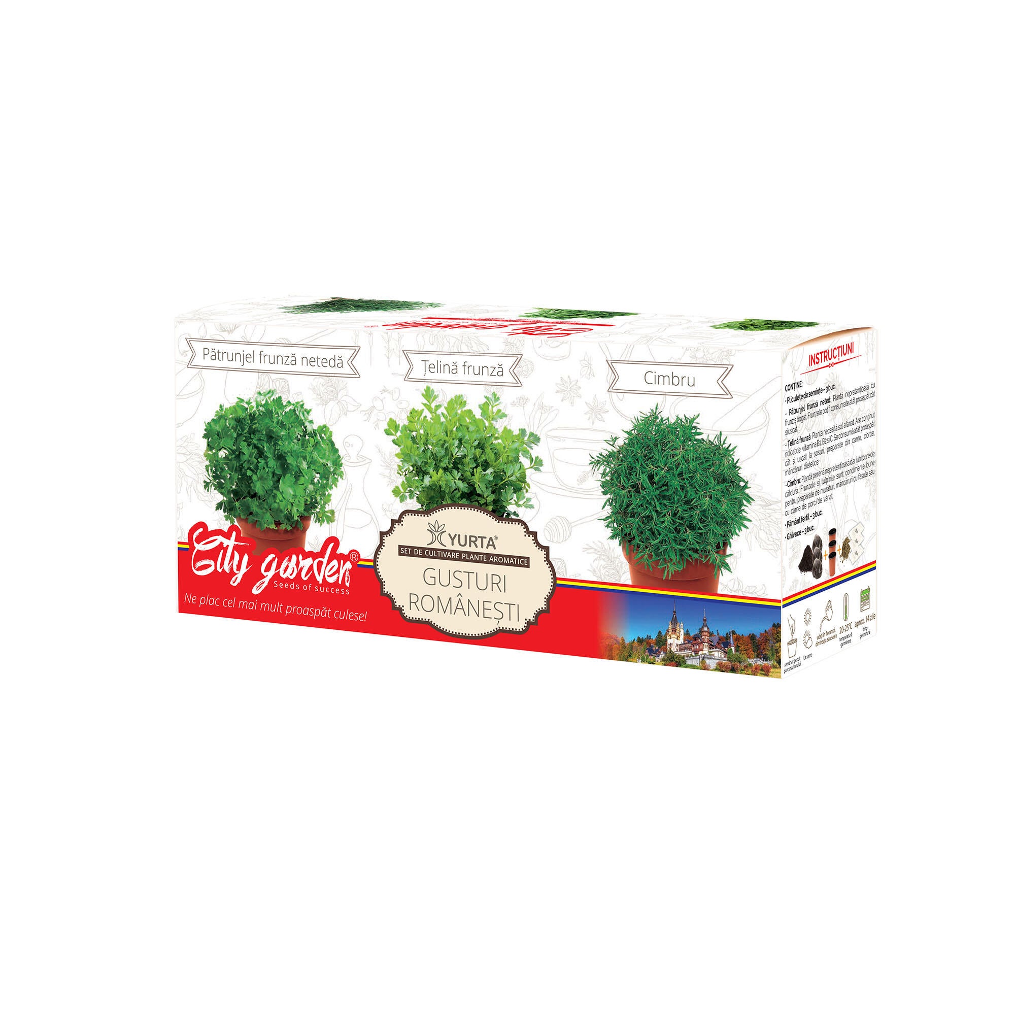 Set de cultivare Gusturi Romanesti, 3 soiuri in ghiveci, patrunjel frunza neteda, telina frunza, cimbru