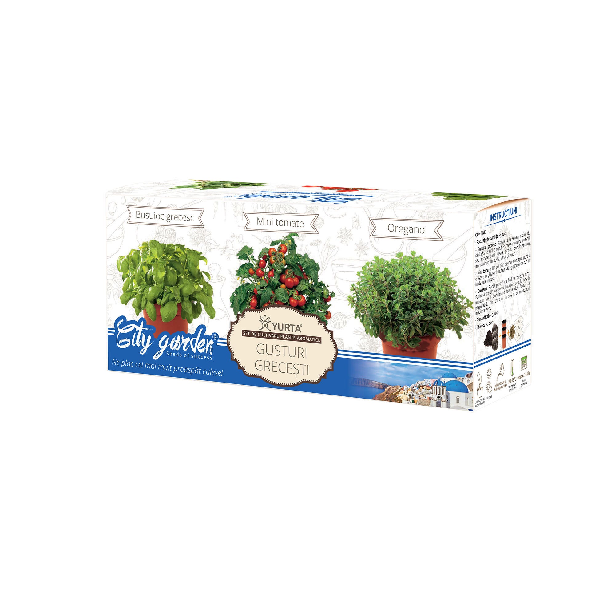 Set de cultivare Gusturi Grecesti, 3 soiuri in ghiveci, busuioc grecesc, mini tomate, oregano