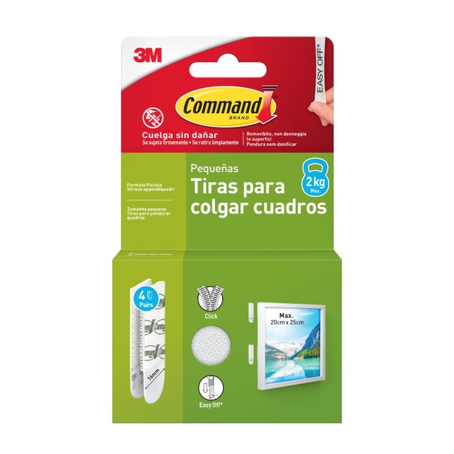 8 tiras (4 pares) para colgar cuadros Command pequeñas | 16 mm x 54 mm | blancas | 2 kilos