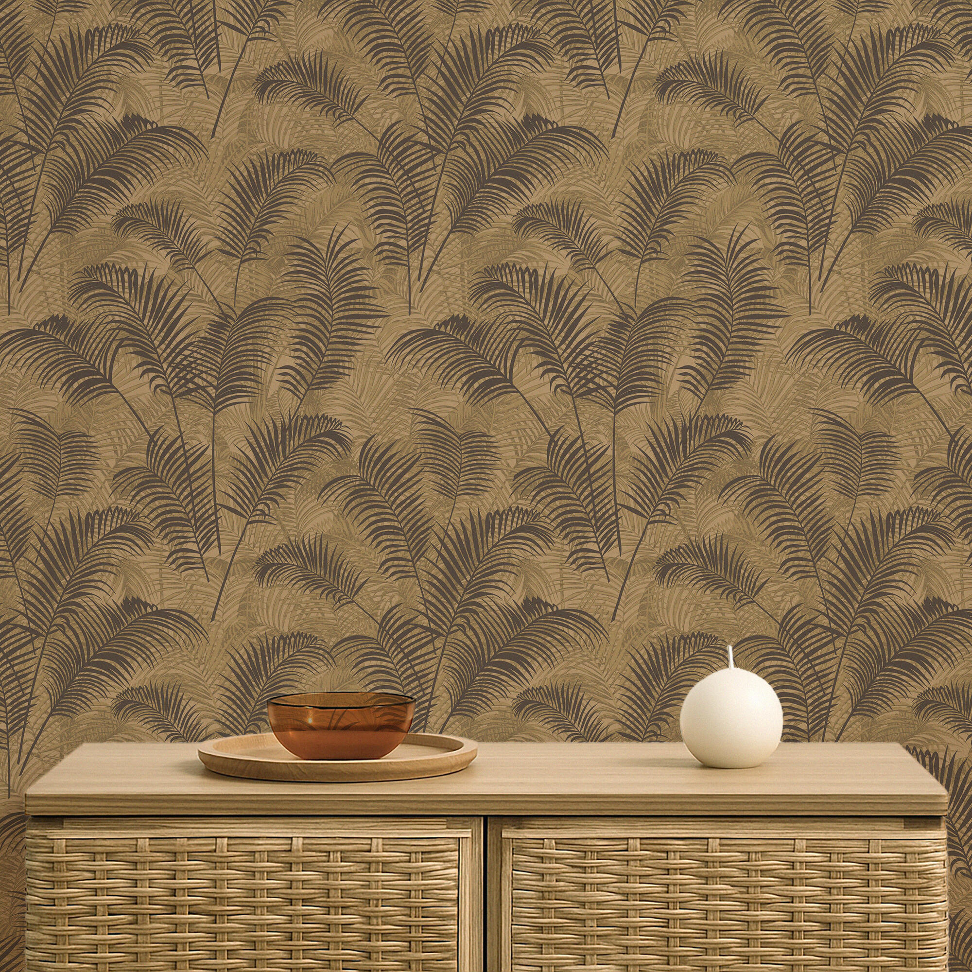 Papel pintado vinilo aplicación cola en pared naturaleza hojas de palma amarillo 53cmx10.05m fregable