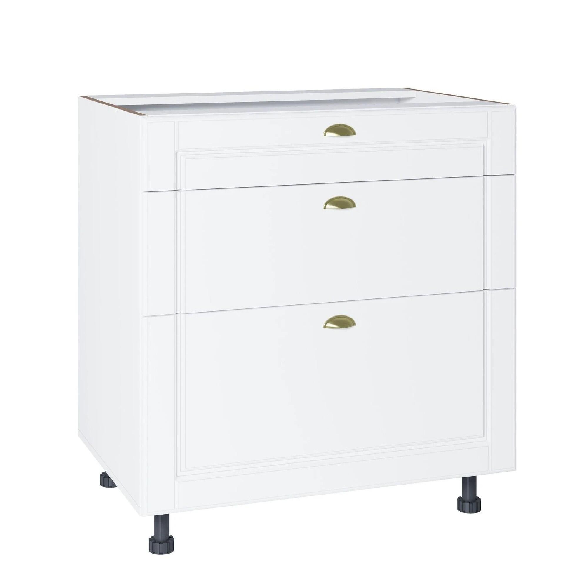 Corp inferior Olivia, 3 sertare, latime 80 cm, material usa MDF infoliat, decor alb mat
