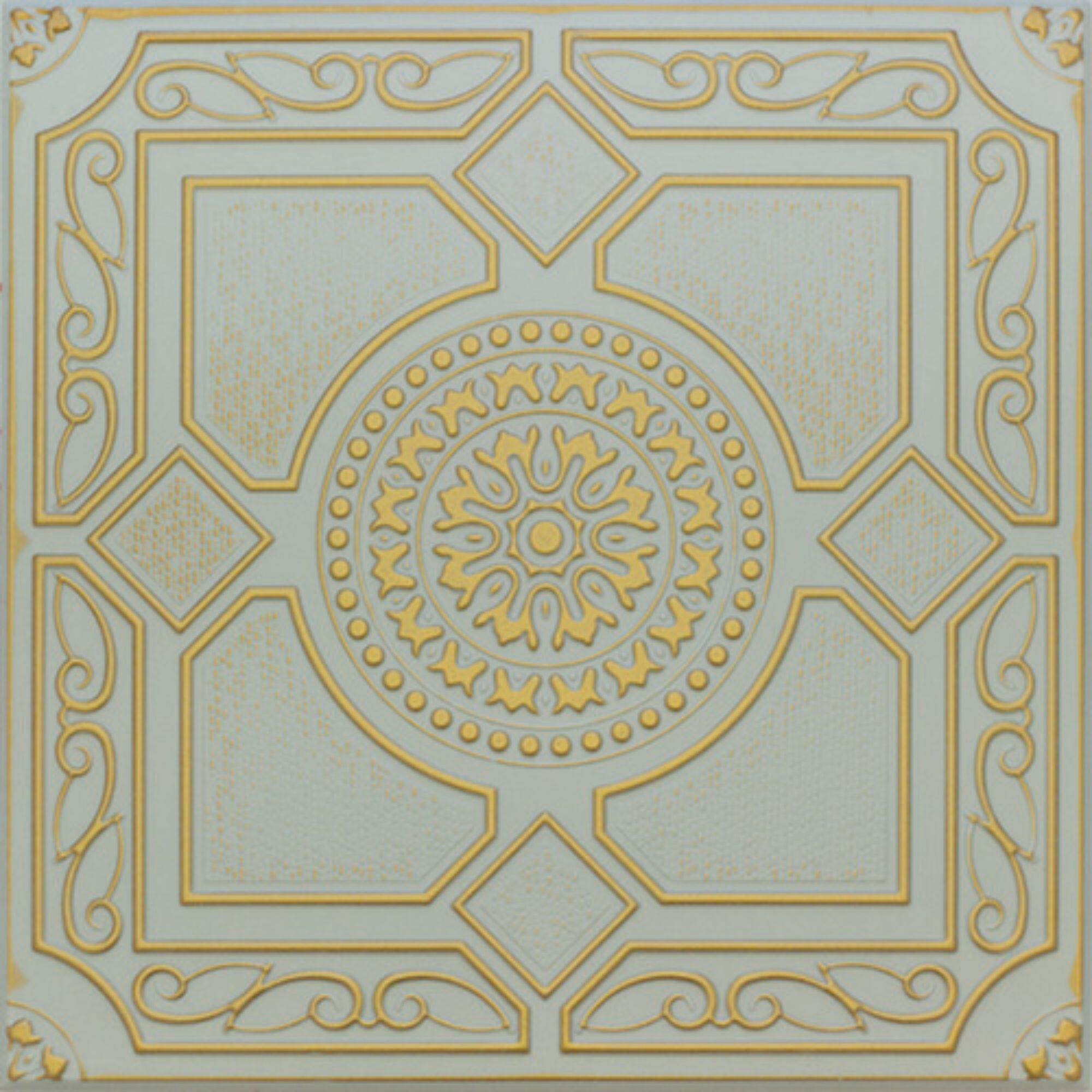 Tavan fals decorativ Clasic A, polistiren extrudat, 5 mm, 50 x 50 cm, alb/auriu