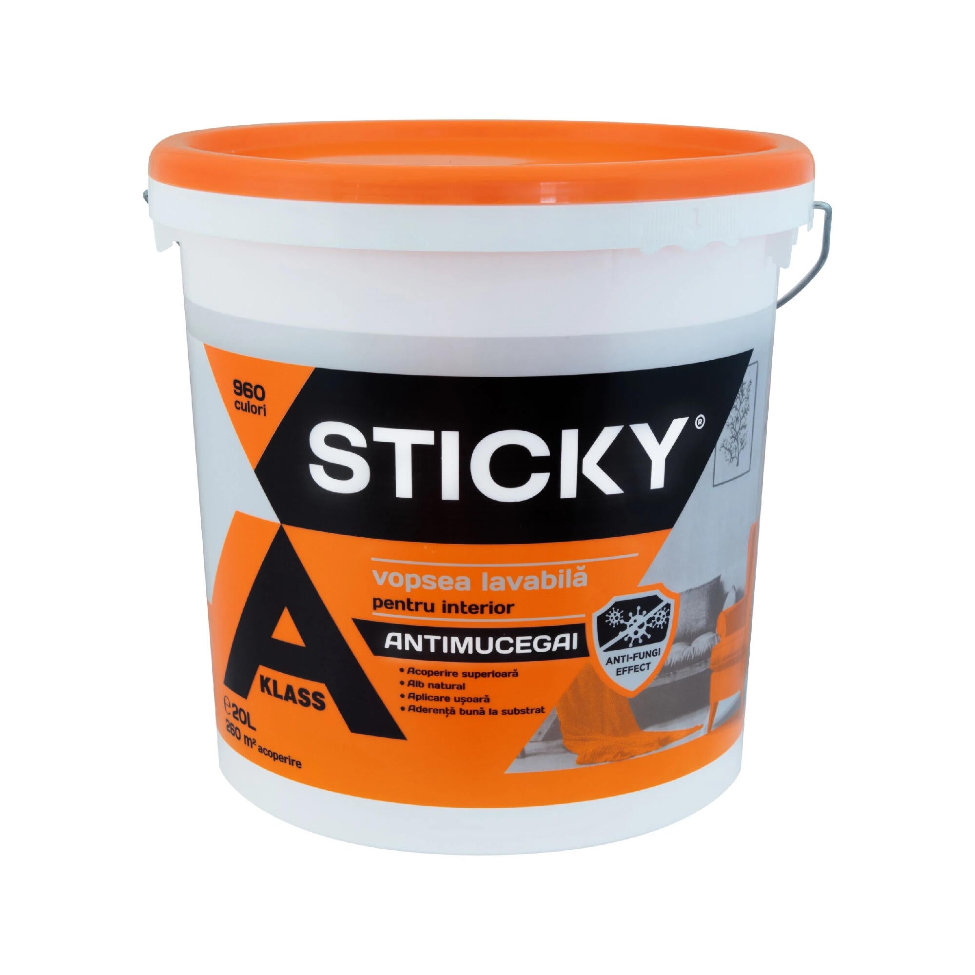 Vopsea lavabila alba antimucegai Sticky A Klass, de interior, 20 L, aspect mat