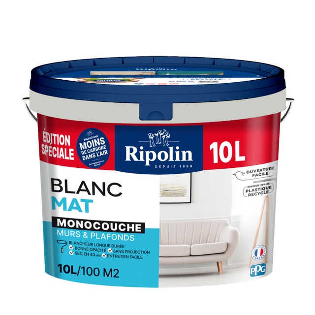 Peinture intérieur mur et plafond blanc mat monocouche 10 L - RIPOLIN