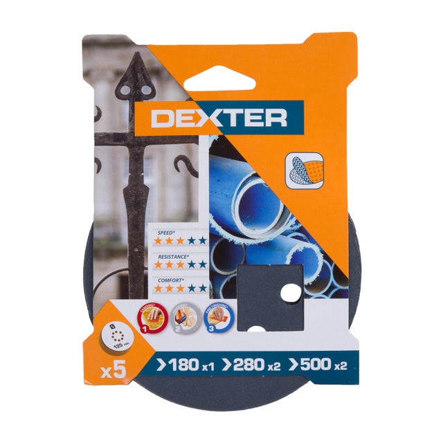 Lot de 5 disques abrasifs pour acier, inox, aluminium, DEXTER, l.125 x L.125 mm grain 180/2 x 280/2 x 500