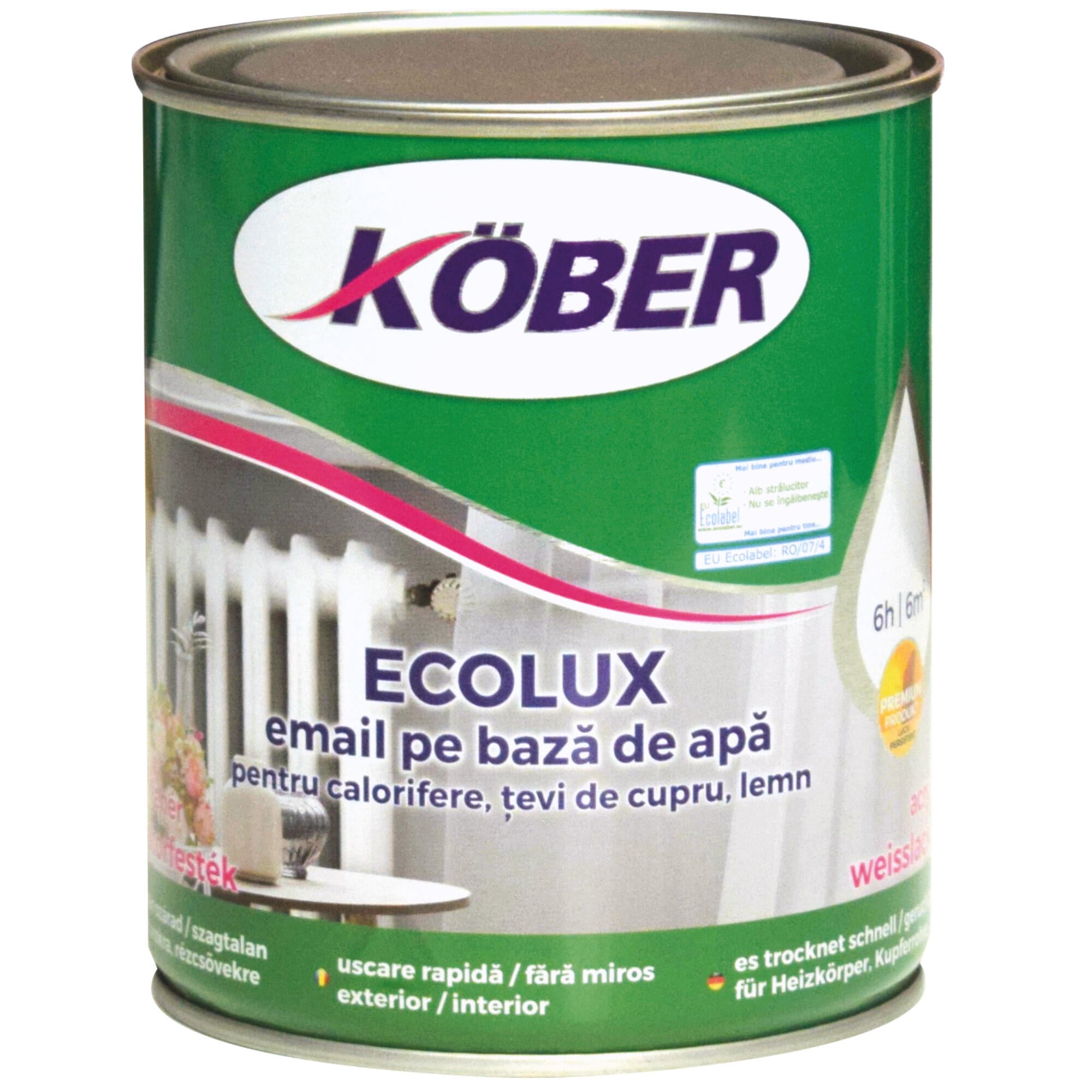 Email pe baza de apa Kober Ecolux, pentru calorifer, termorezistent, alb, aspect lucios, 0.75 L