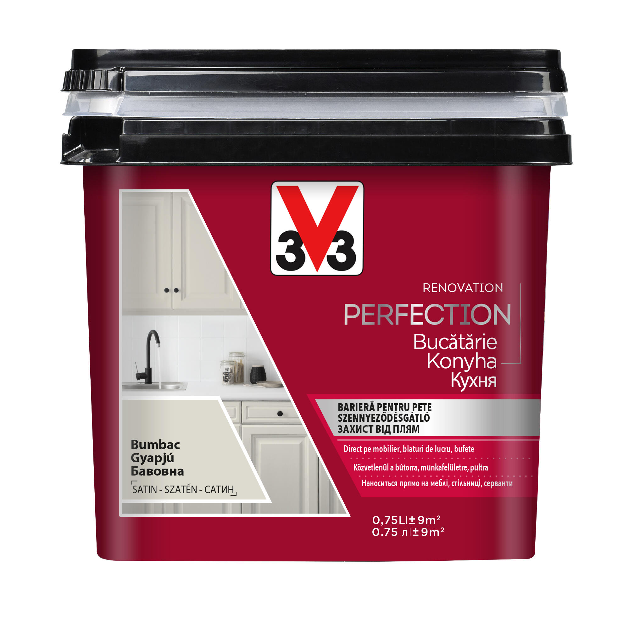 Vopsea pe baza de apa V33, pentru bucatarie, bumbac, aspect satinat, 0.75 L