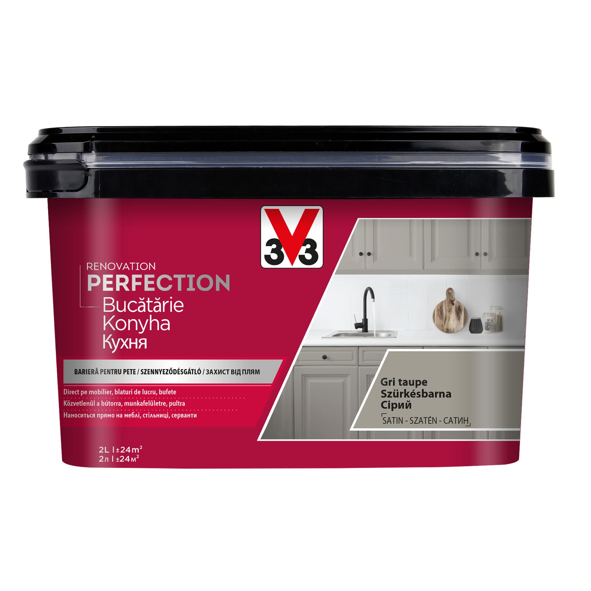Vopsea pe baza de apa V33, pentru bucatarie, gri taupe, aspect satinat, 2 L