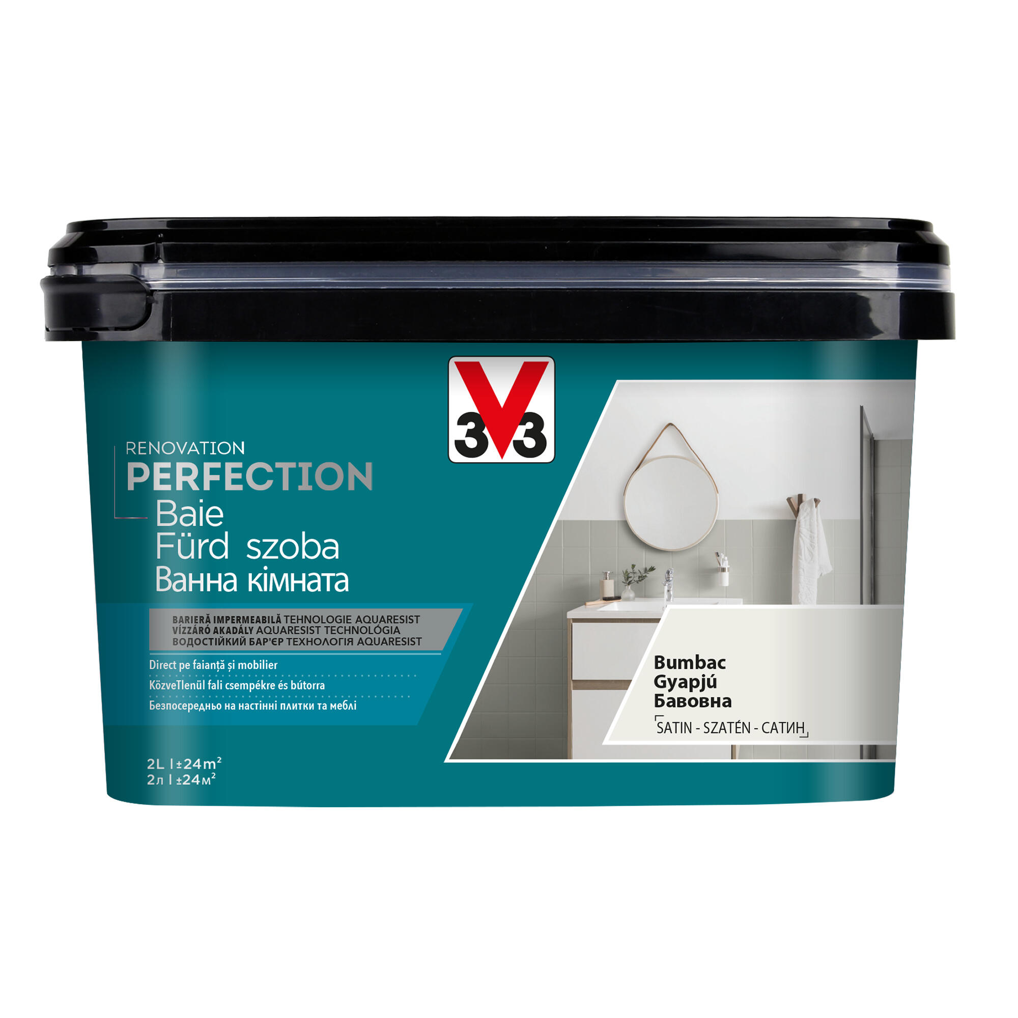 Vopsea pe baza de apa V33, pentru baie, bumbac, aspect satinat, 2 L