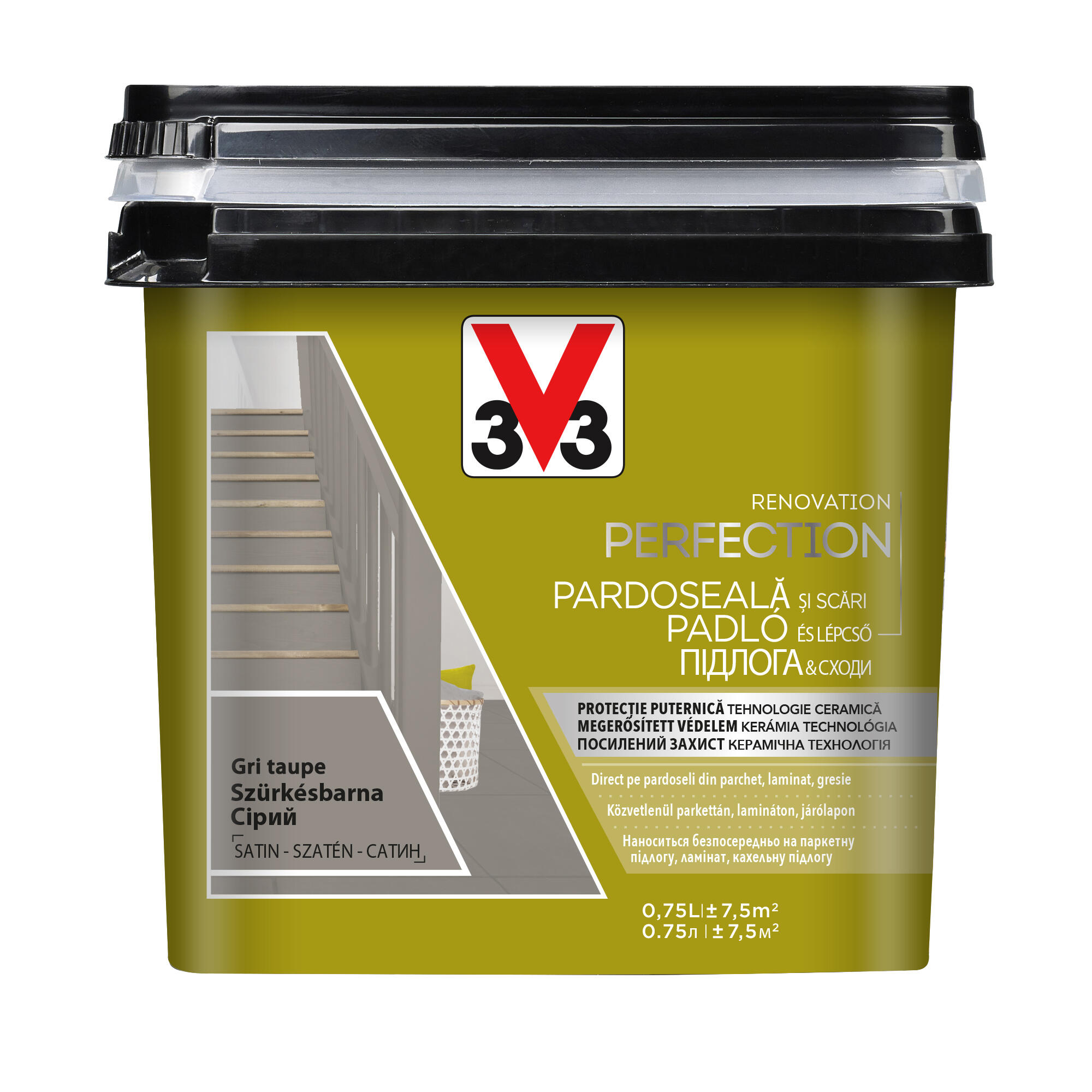 Vopsea pe baza de apa V33, pentru pardoseala de interior, gri taupe, aspect satinat, 0.75 L