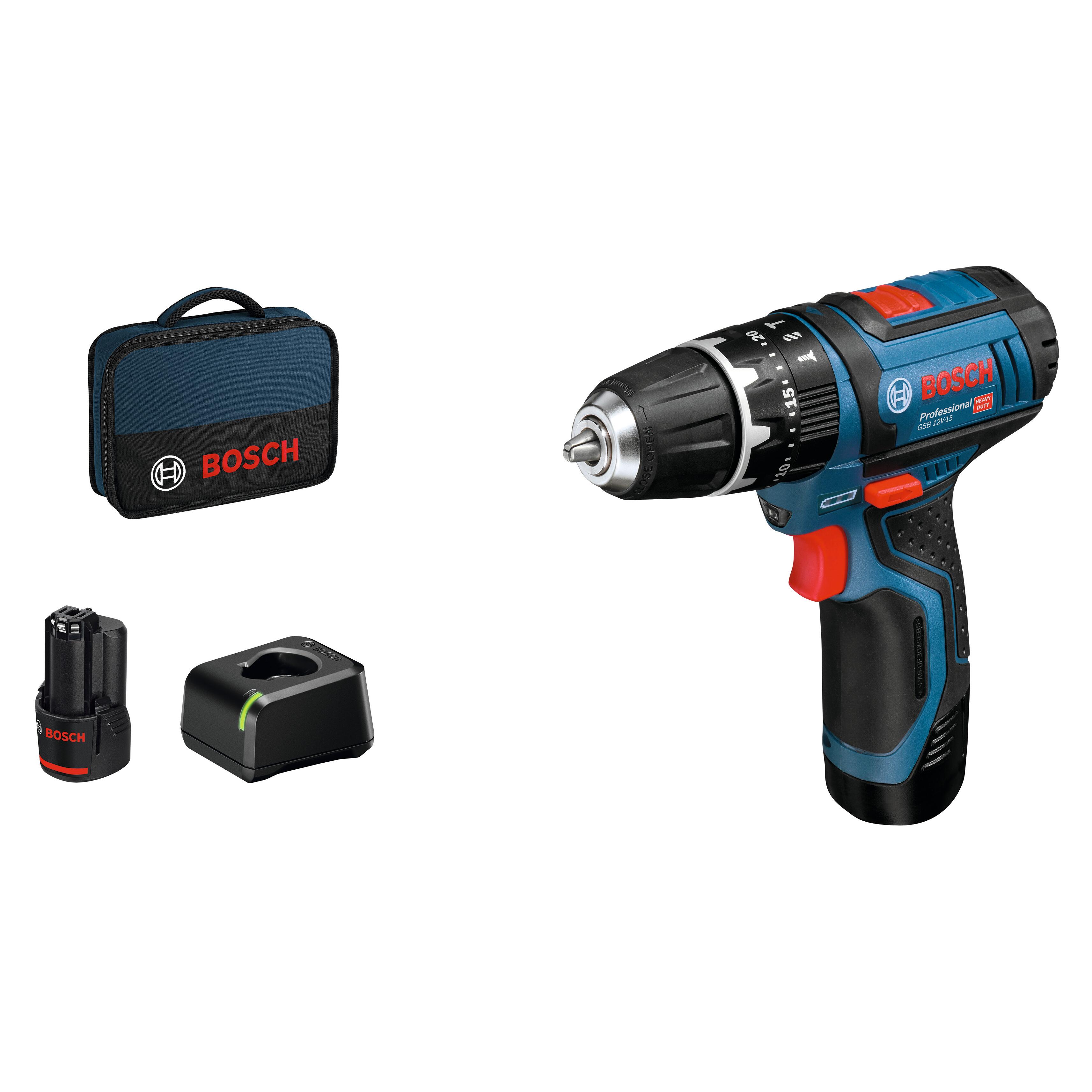 Bosch Professional Trapano a percussione a batteria GSB 12V -15 12 V, 2 batterie in borsa morbida