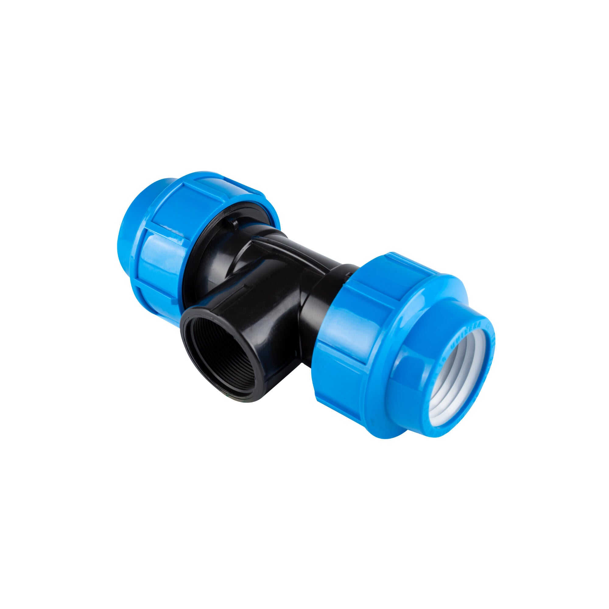 Teu compresiune pentru teava PEID, filet interior, Ø 20 mm x 3/4', negru/albastru