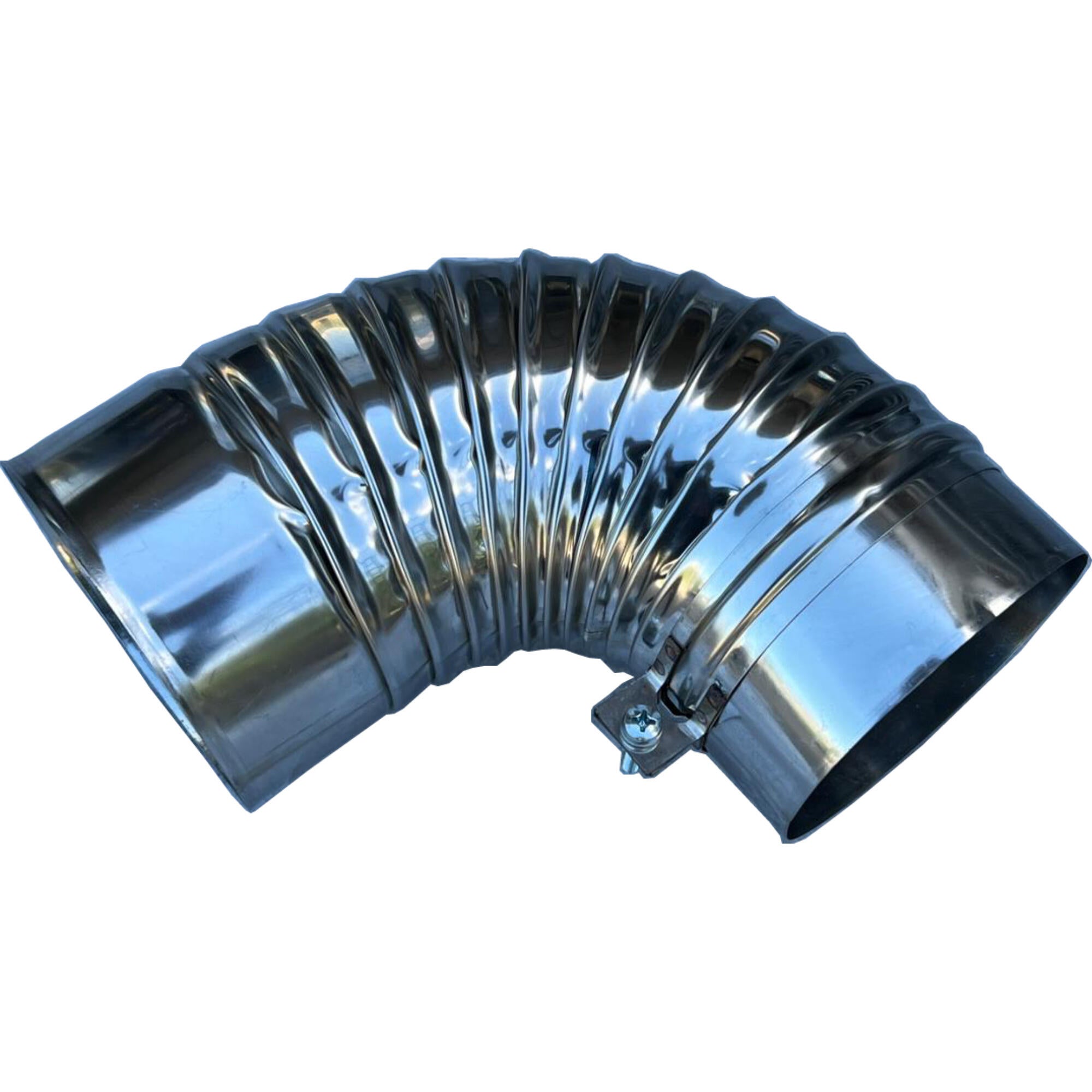 Cot din inox cu colier, 90°, grosime 0.4 mm, Ø 120, argintiu