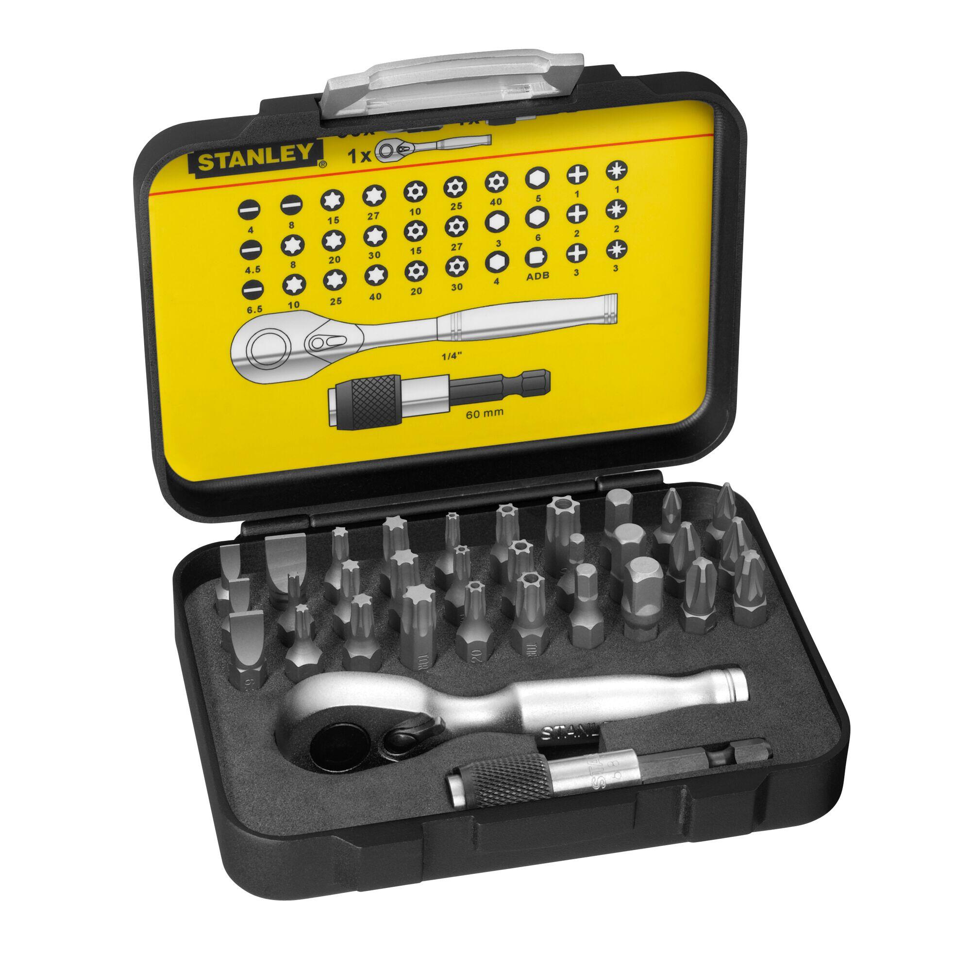 Set cheie clichet cu adaptor si biti, Stanley, 1/4 x 25 mm (32 buc)