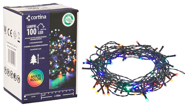 Lampki choinkowe zewnętrzne 100 LED 8 funkcji programator multikolor na baterie Cortina