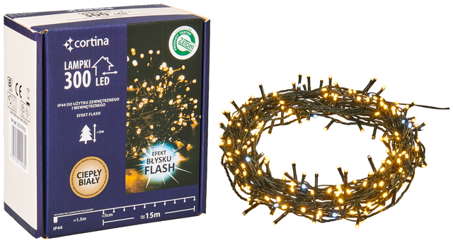 Lampki choinkowe zewnętrzne 300 LED ciepłe białe flash Cortina