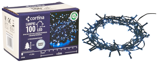 Lampki choinkowe zewnętrzne 100 LED 8 funkcji programator zimne białe Cortina
