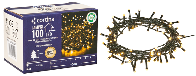 Lampki choinkowe zewnętrzne 100 LED 8 funkcji programator ciepłe białe Cortina