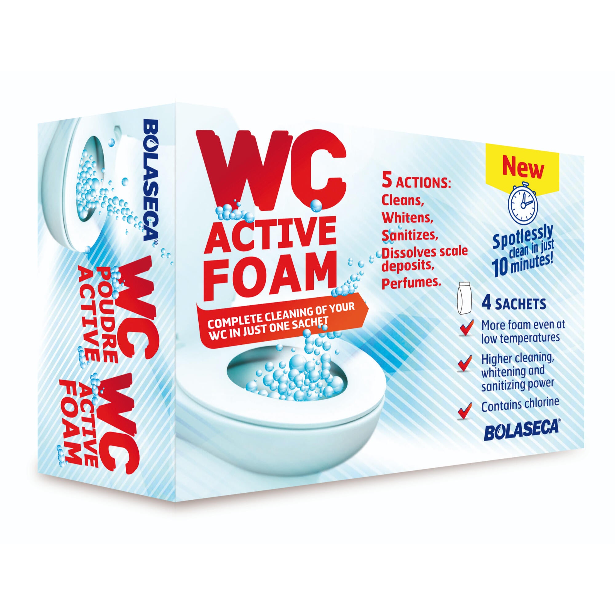 Spuma activa praf pentru curatarea si igienizarea vasului de WC, Bolaseca, set 4 plicuri x 55 G