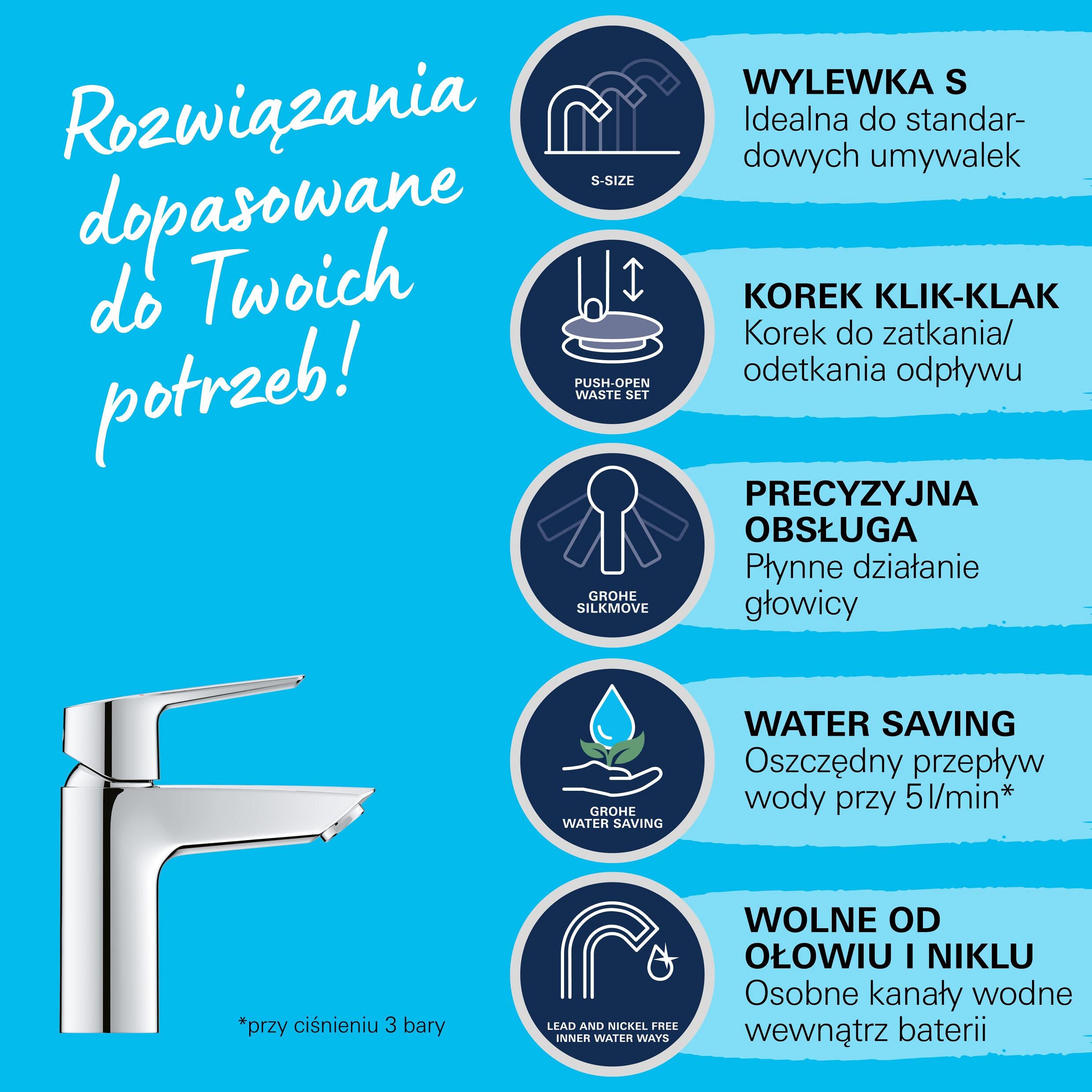 Bateria umywalkowa Grohe z wylewką S, korkiem klik-klak i funkcją oszczędzania wody. - 0