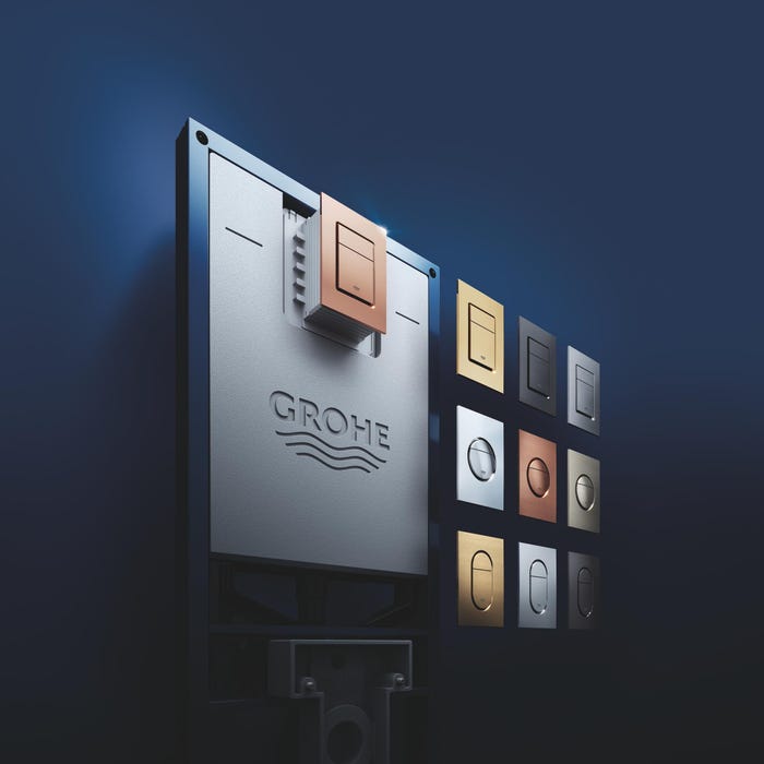 System podtynkowy Grohe z kolekcją designerskich przycisków spłukujących w wielu kolorach i kształtach.