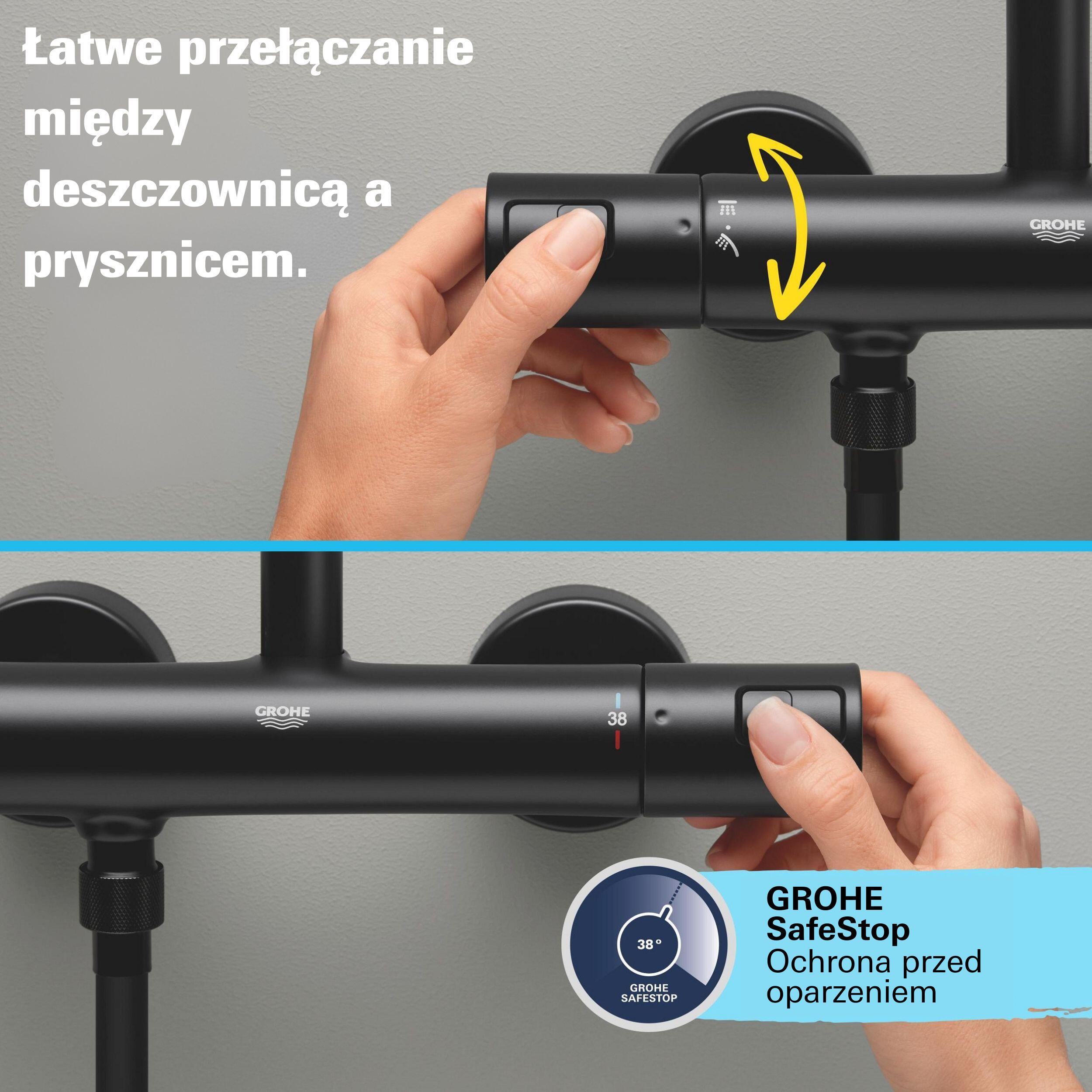 Czarna bateria prysznicowa Grohe z funkcją łatwego przełączania między deszczownicą a słuchawką oraz systemem SafeStop 38°C. - 2