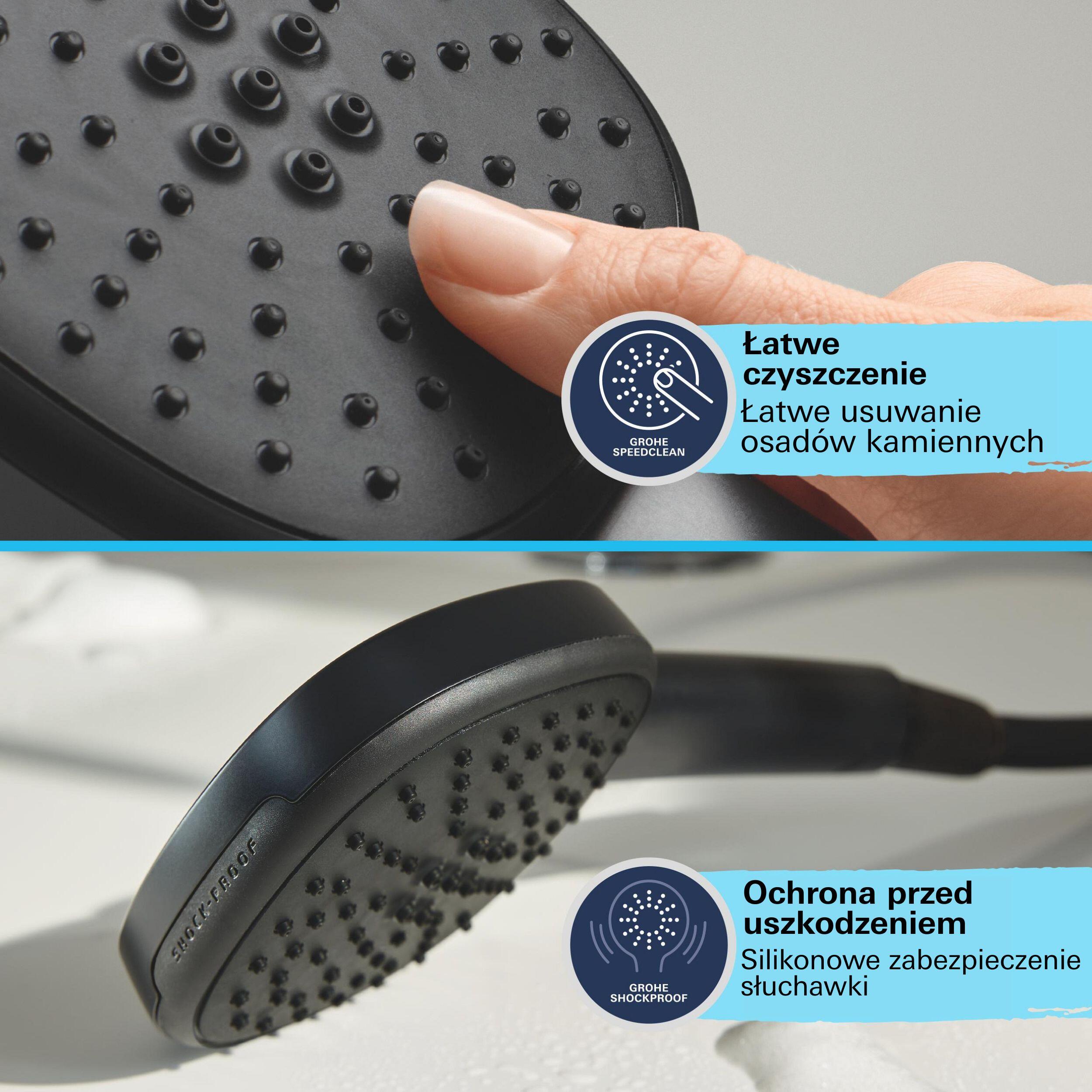 Czarna słuchawka prysznicowa Grohe z technologią SpeedClean do łatwego usuwania kamienia i silikonową ochroną ShockProof. - 4