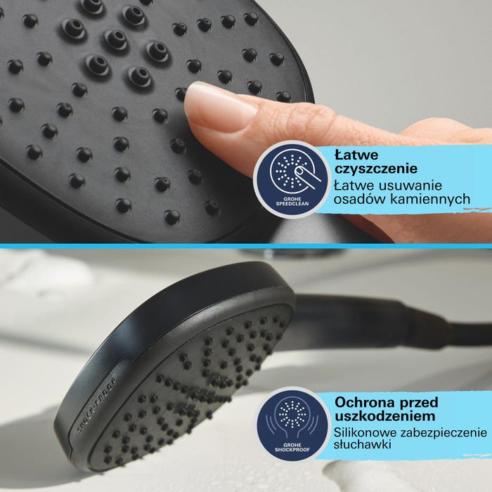 Czarna słuchawka prysznicowa Grohe z technologią SpeedClean do łatwego usuwania kamienia i silikonową ochroną ShockProof.