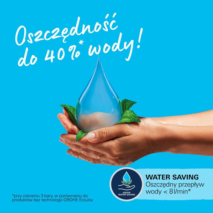 Technologia Grohe Water Saving – oszczędność do 40% wody przy strumieniu do 8 l/min.