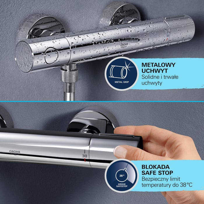 Bateria prysznicowa Grohe z metalowym uchwytem i blokadą SafeStop do 38°C.