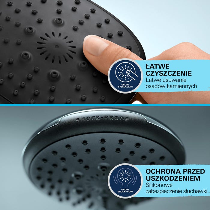 Słuchawka prysznicowa Grohe z systemem SpeedClean ułatwiającym czyszczenie i silikonową ochroną ShockProof.