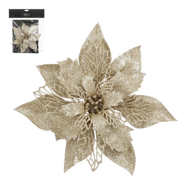 Enfeite clip poinsettia 20 cm champagne