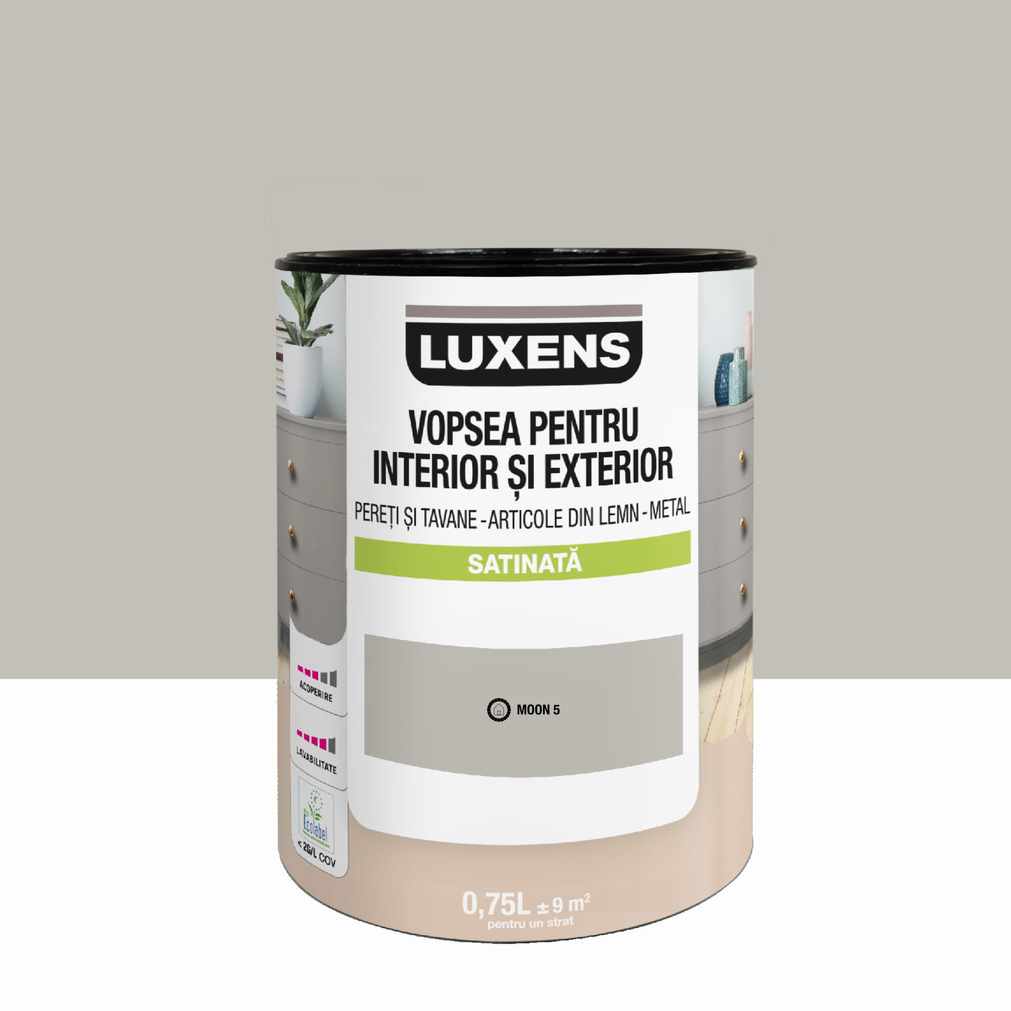 Email pe baza de apa Luxens, pentru pereti si tavane, lemn si metal, Moon5, aspect satinat, 0.75 L