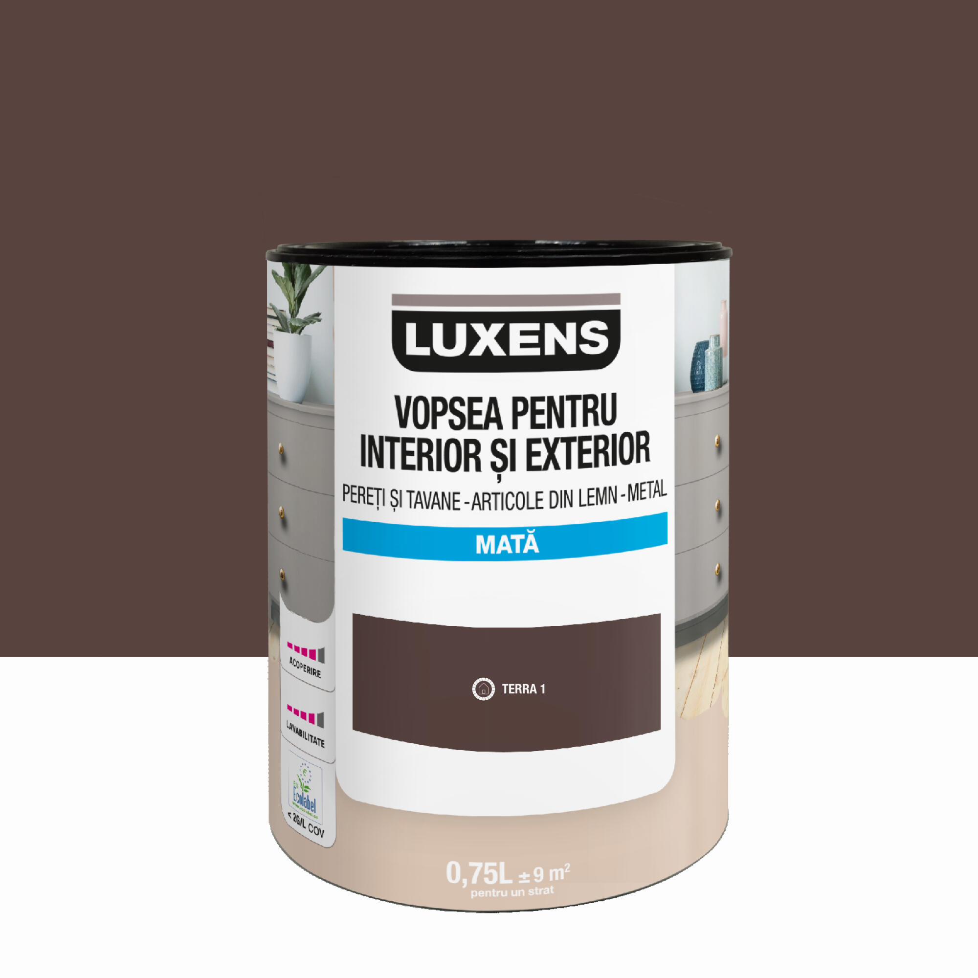 Email pe baza de apa Luxens, pentru pereti si tavane, lemn si metal, Terra1, aspect mat, 0.75 L