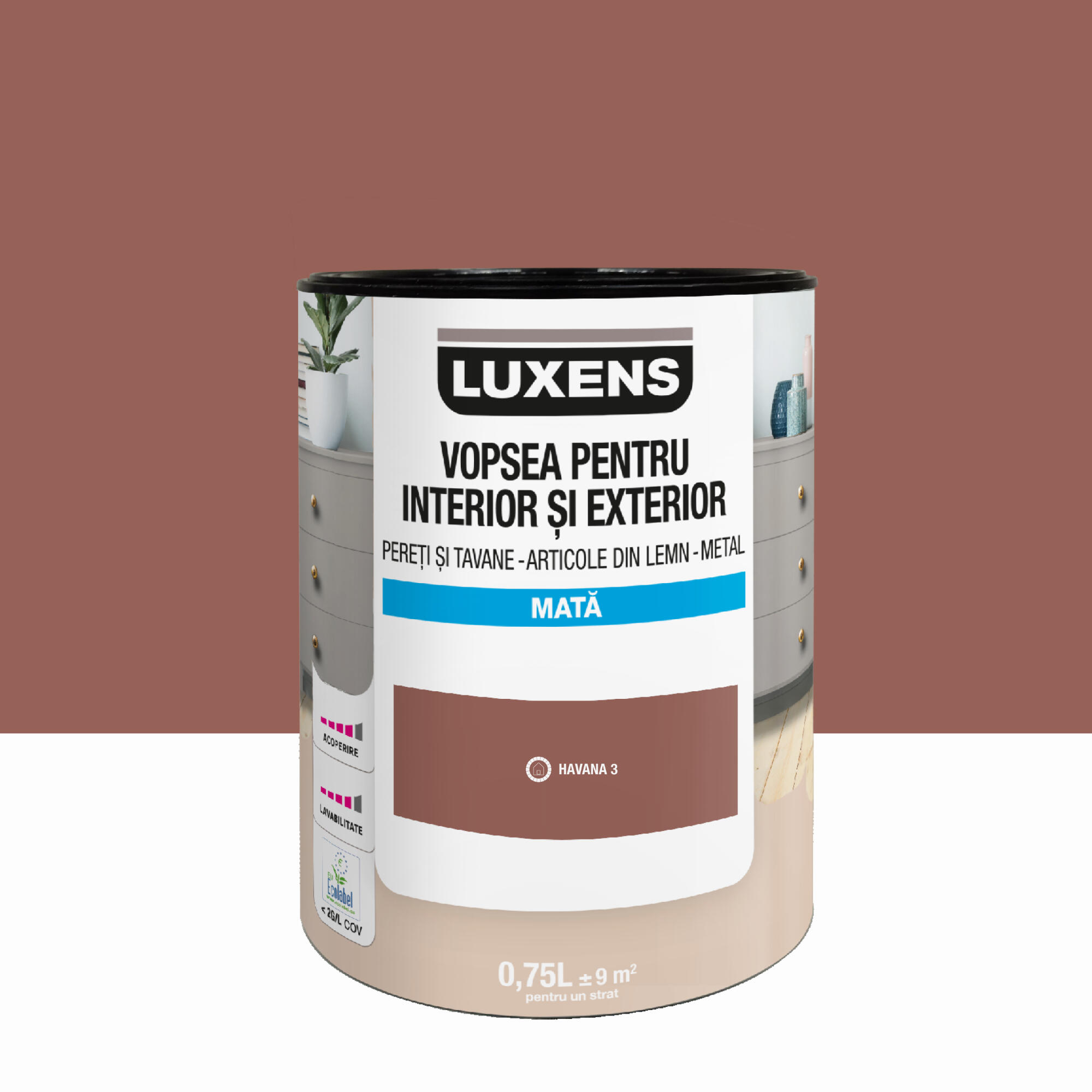 Email pe baza de apa Luxens, pentru pereti si tavane, lemn si metal, Havana3, aspect mat, 0.75 L