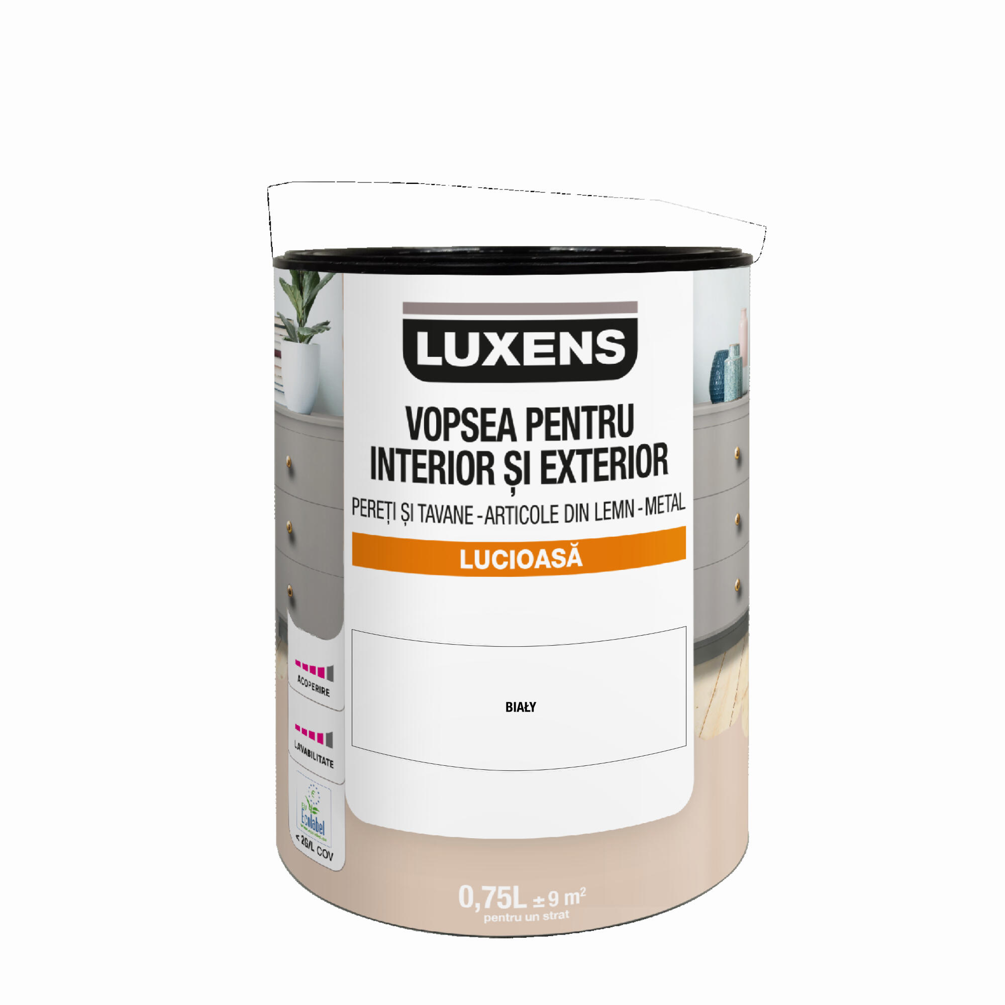 Email pe baza de apa Luxens, pentru pereti si tavane, lemn si metal, White, aspect lucios, 0.75 L