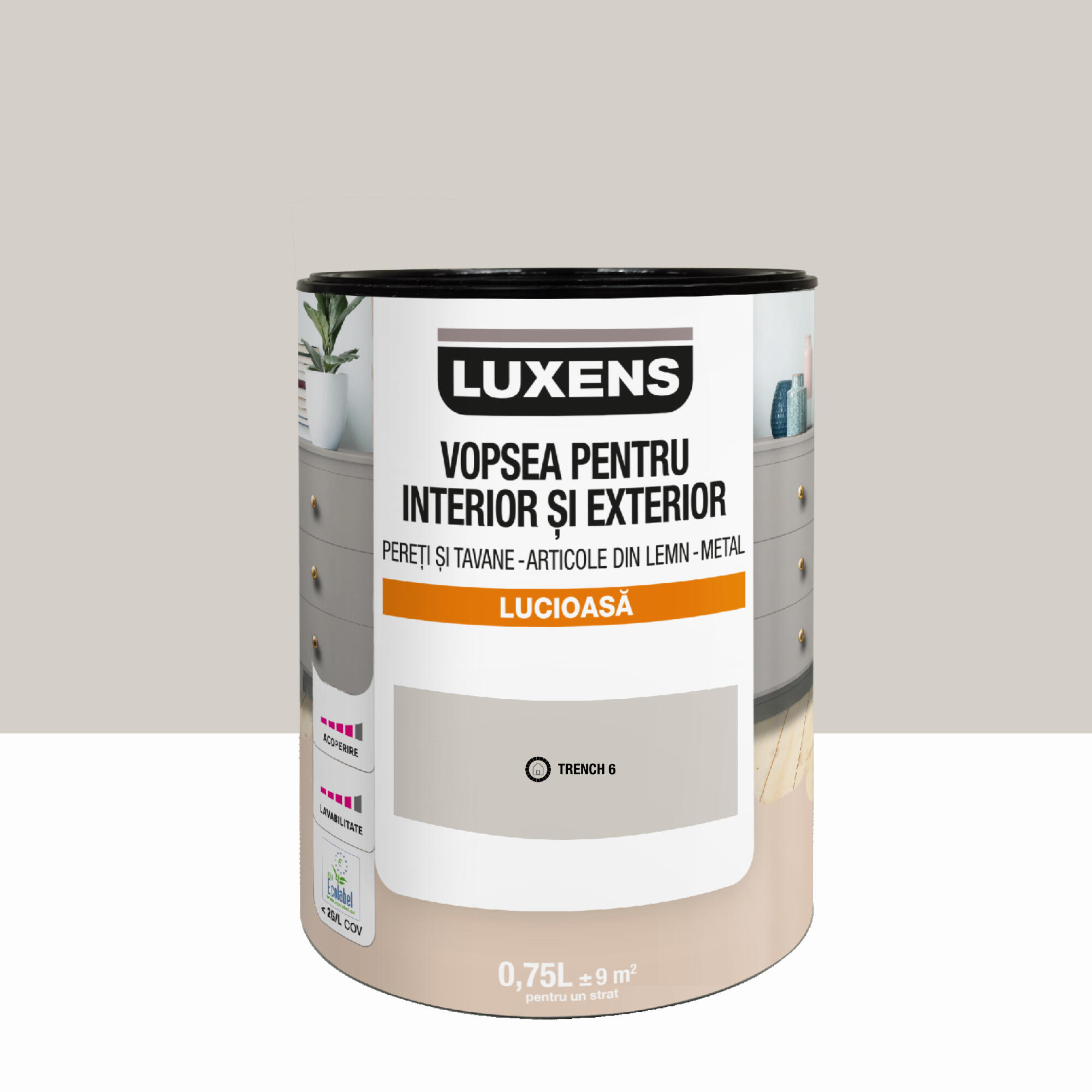 Email pe baza de apa Luxens, pentru pereti si tavane, lemn si metal, Trench6, aspect lucios, 0.75 L