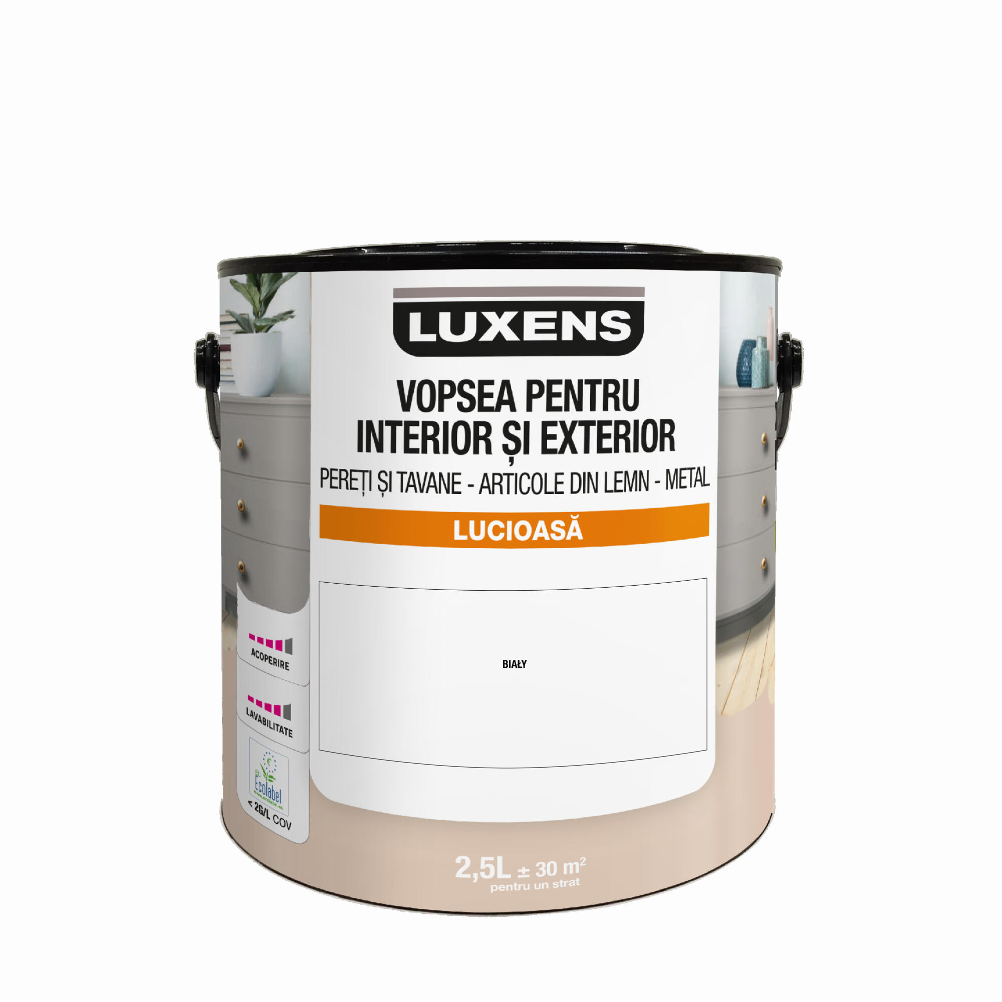 Email pe baza de apa Luxens, pentru pereti si tavane, lemn si metal, White, aspect lucios, 2.5 L