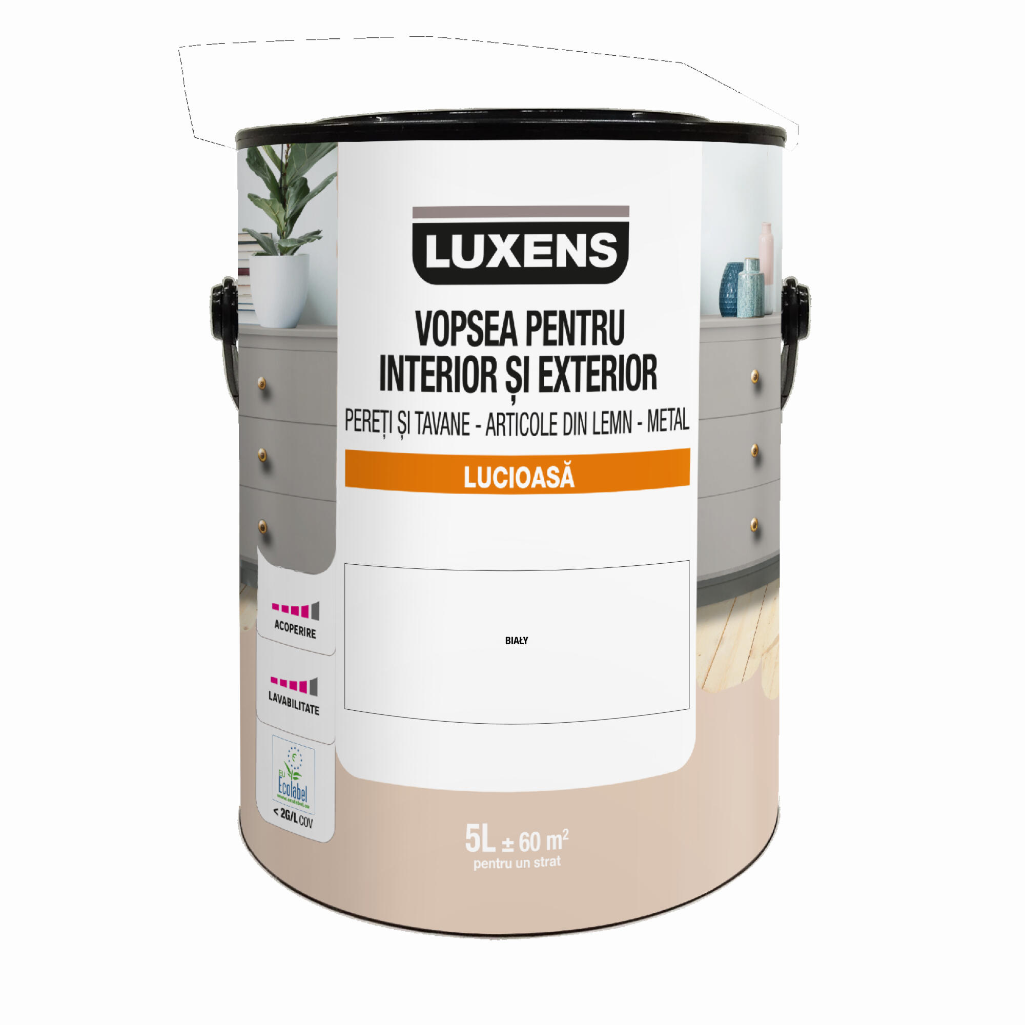 Email pe baza de apa Luxens, pentru pereti si tavane, lemn si metal, White, aspect lucios, 5 L