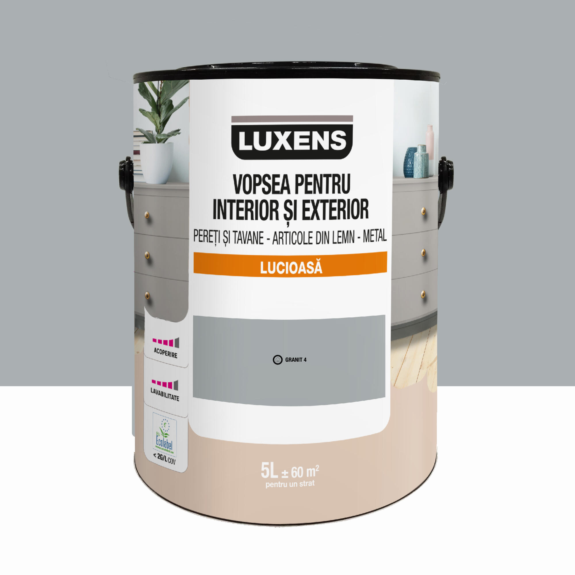 Email pe baza de apa Luxens, pentru pereti si tavane, lemn si metal, Granit4, aspect lucios, 5 L