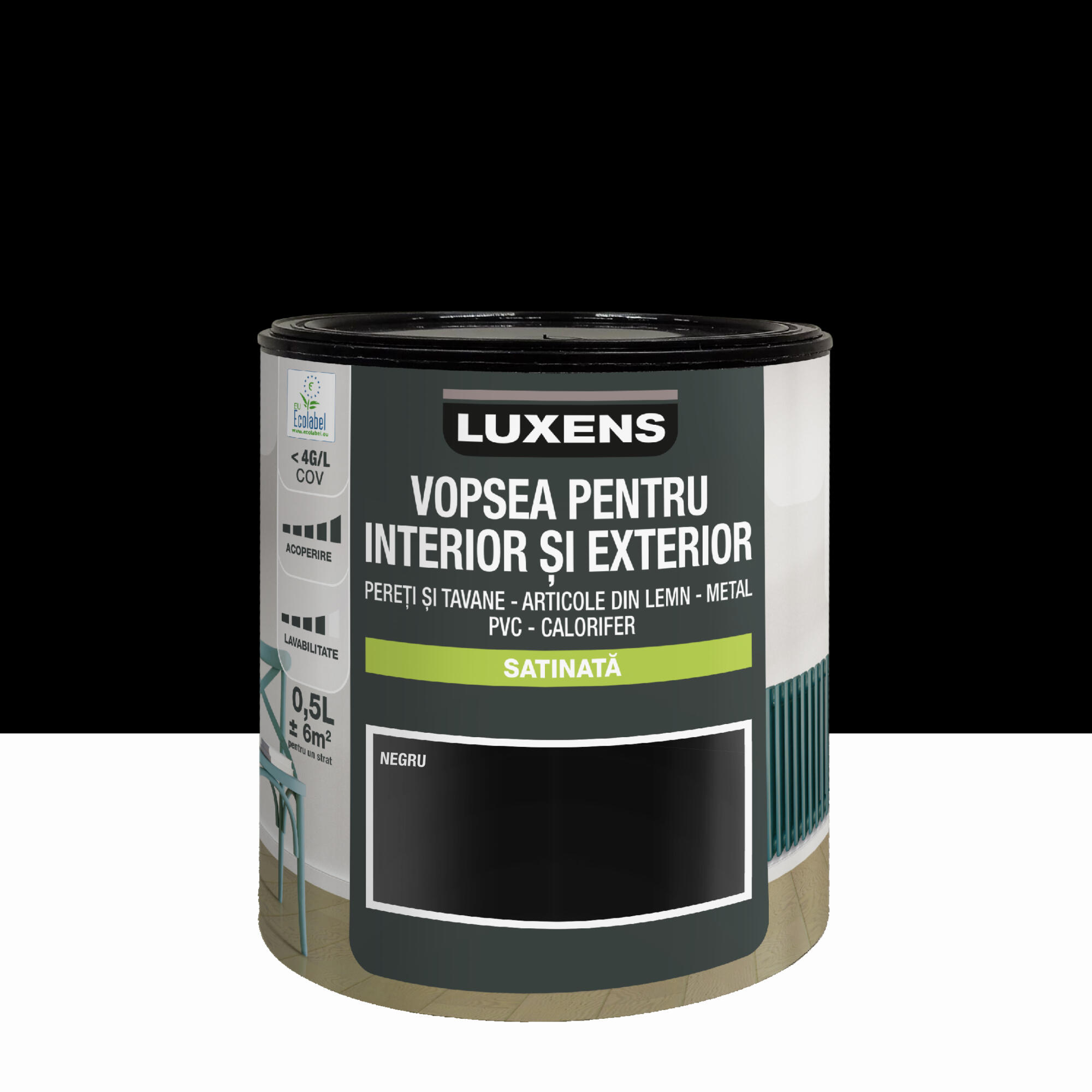 Email pe baza de apa Luxens, multisuport, Black0, aspect satinat, 0.5 L