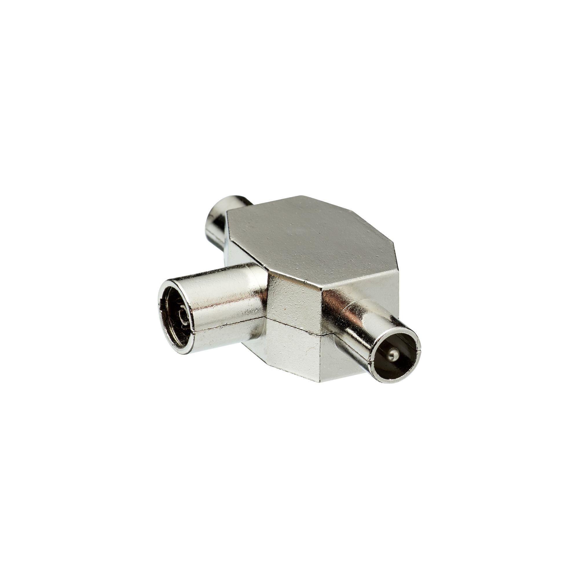Mufa pentru cablu TV Lexman, in forma de T, coaxial, 9.52 mm, 1 mama - 2 tati, metal, gri/argintie