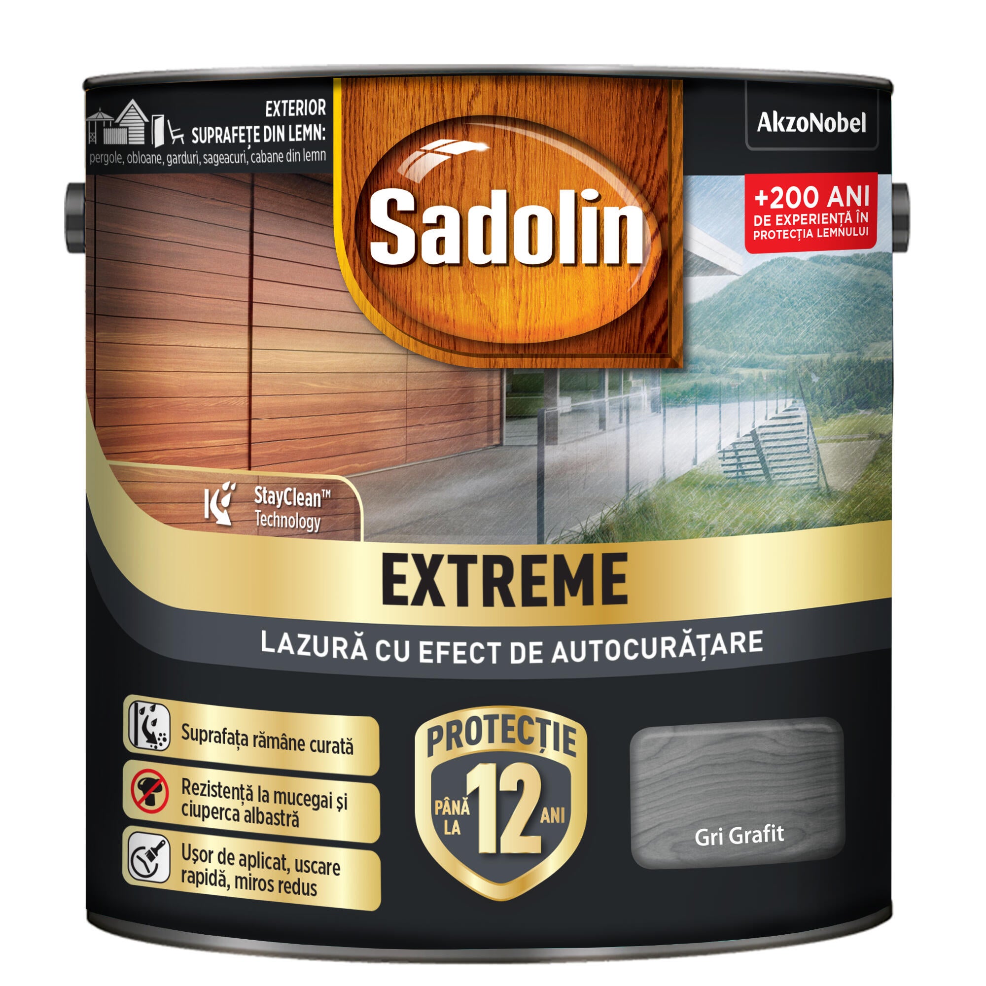 Lazura lemn Sadolin Extreme, pe baza de apa, exterior, gri grafit, 2.5 L