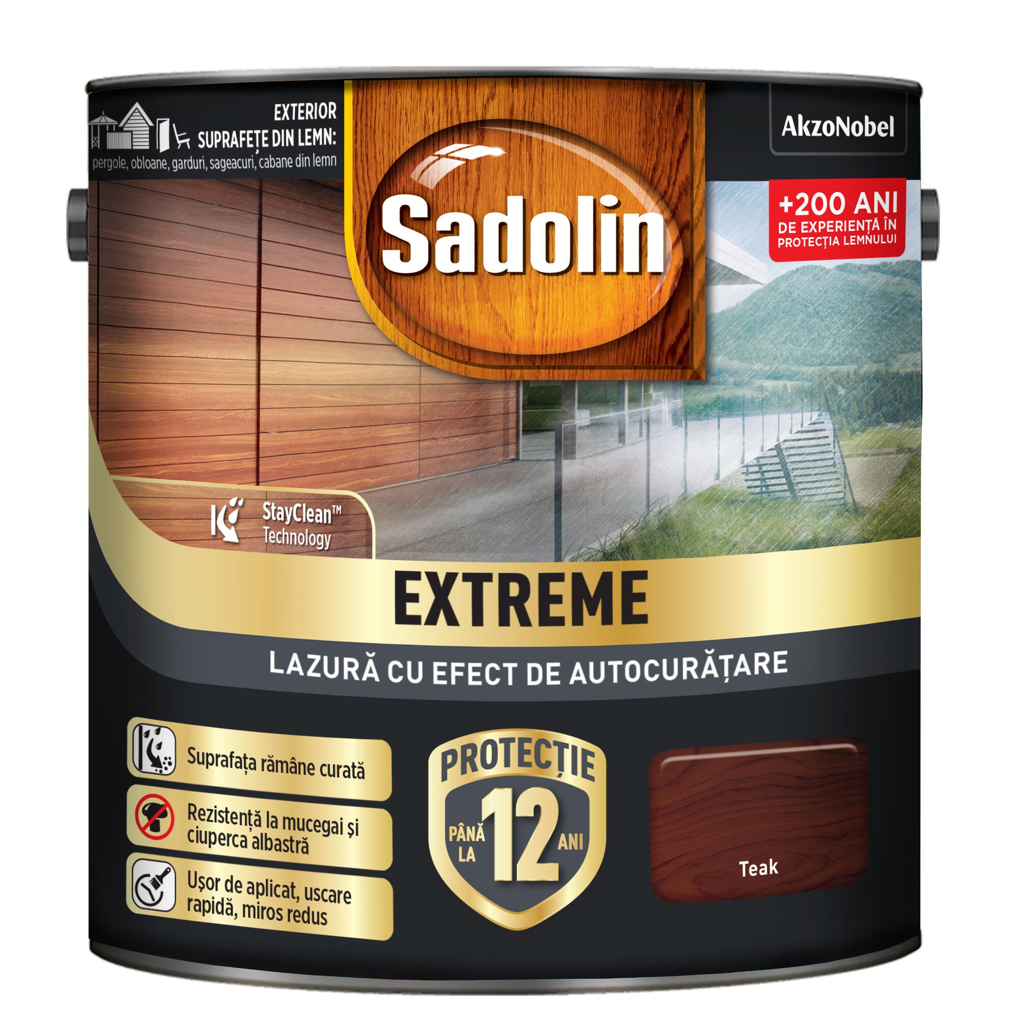 Lazura lemn Sadolin Extreme, pe baza de apa, exterior, teak, 2.5 L