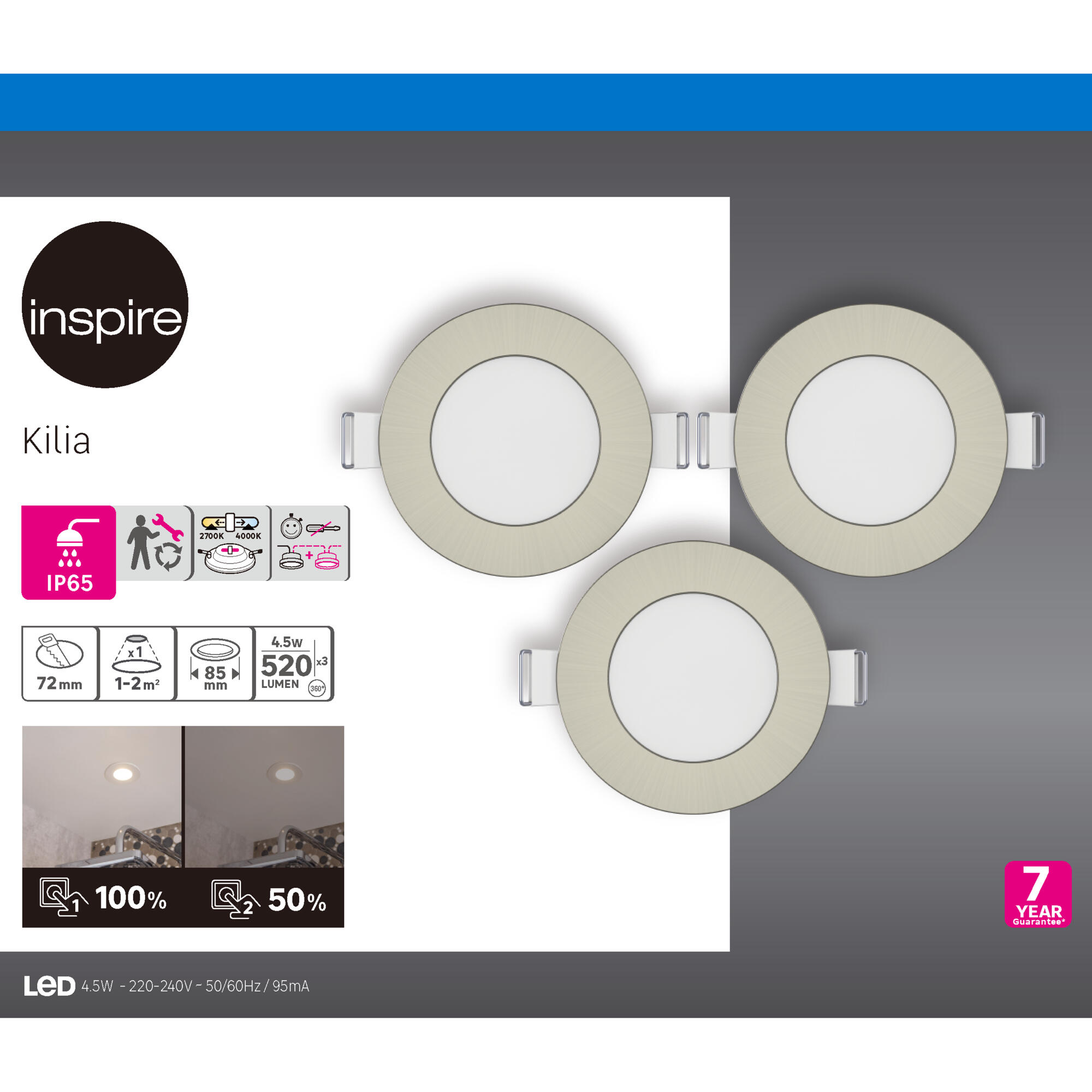 Pack de 3 downlight LED empotrable INSPIRE Kilia gris redondo ø8.5 cm 345 lm 4.5 W 2 tonos de luz CCT (2700K-4000K) IP65 - Foco LED empotrado para duchas - 2