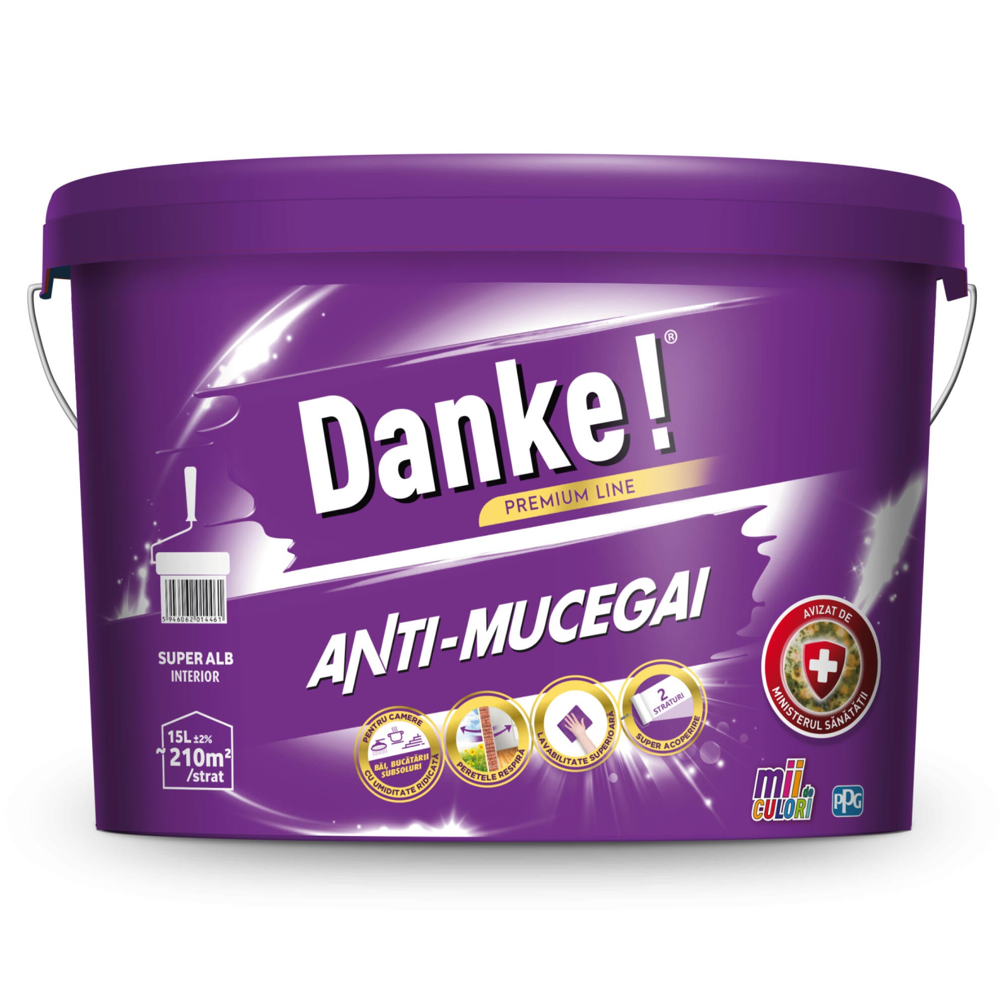Vopsea lavabila alba Danke Anti-Mucegai, pentru baie si bucatarie, 15 L, aspect mat
