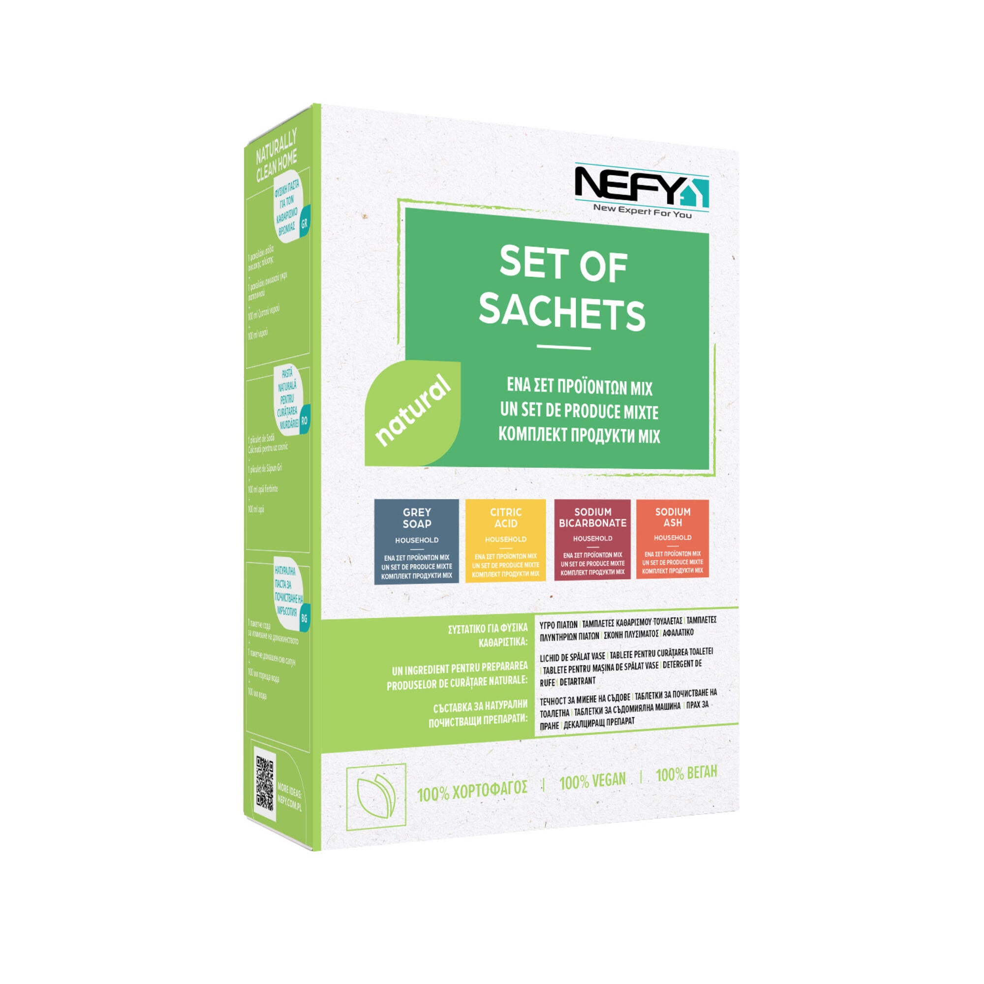 Set 4 saculeti praf pentru curatare multisuprafete, Nefy natural, 1 x 100 g, 3 x 70 g