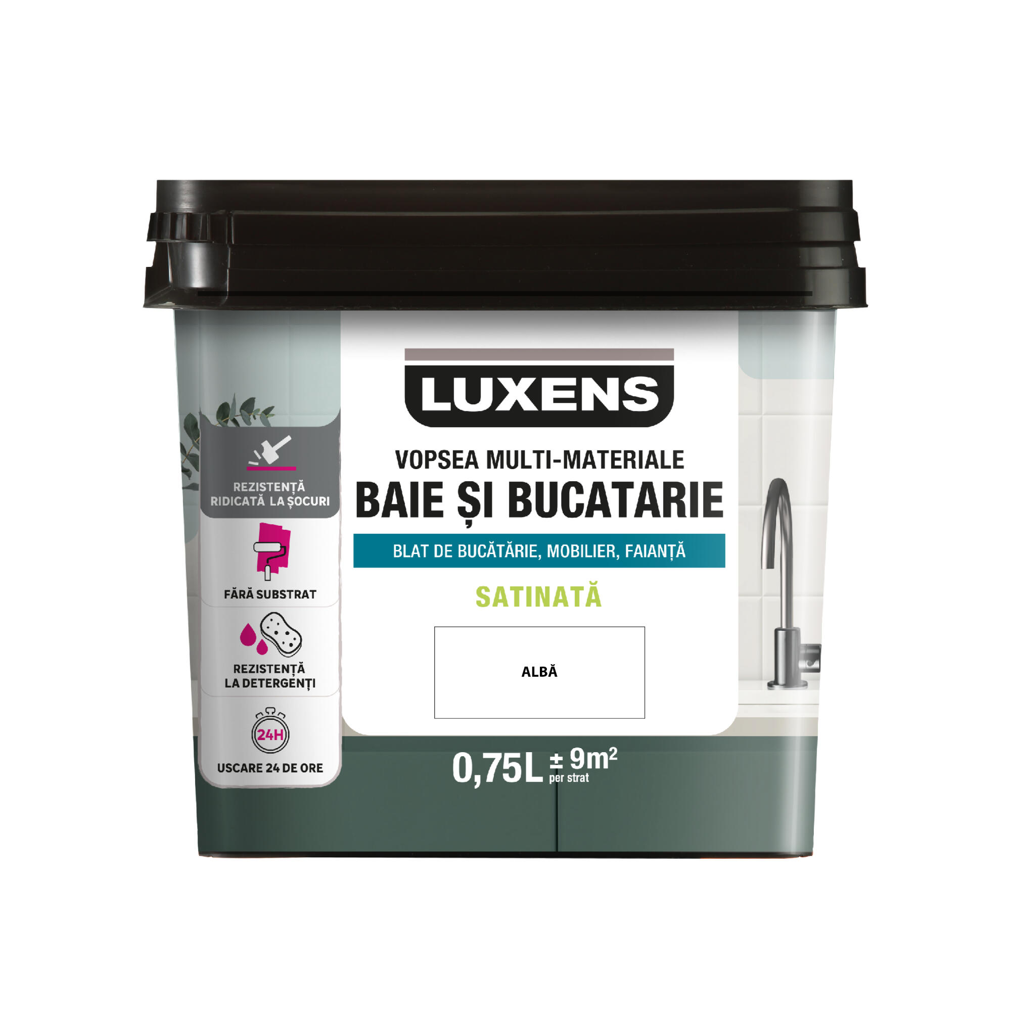 Vopsea multi-materiale, pe baza de apa Luxens, pentru baie si bucatarie, alb, aspect satinat, 0.75 L