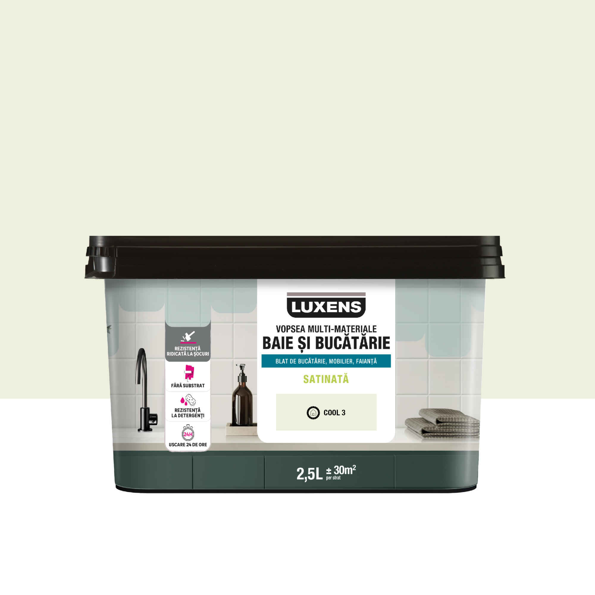 Vopsea multi-materiale, pe baza de apa Luxens, pentru baie si bucatarie, bej cool 3, aspect satinat, 2.5 L