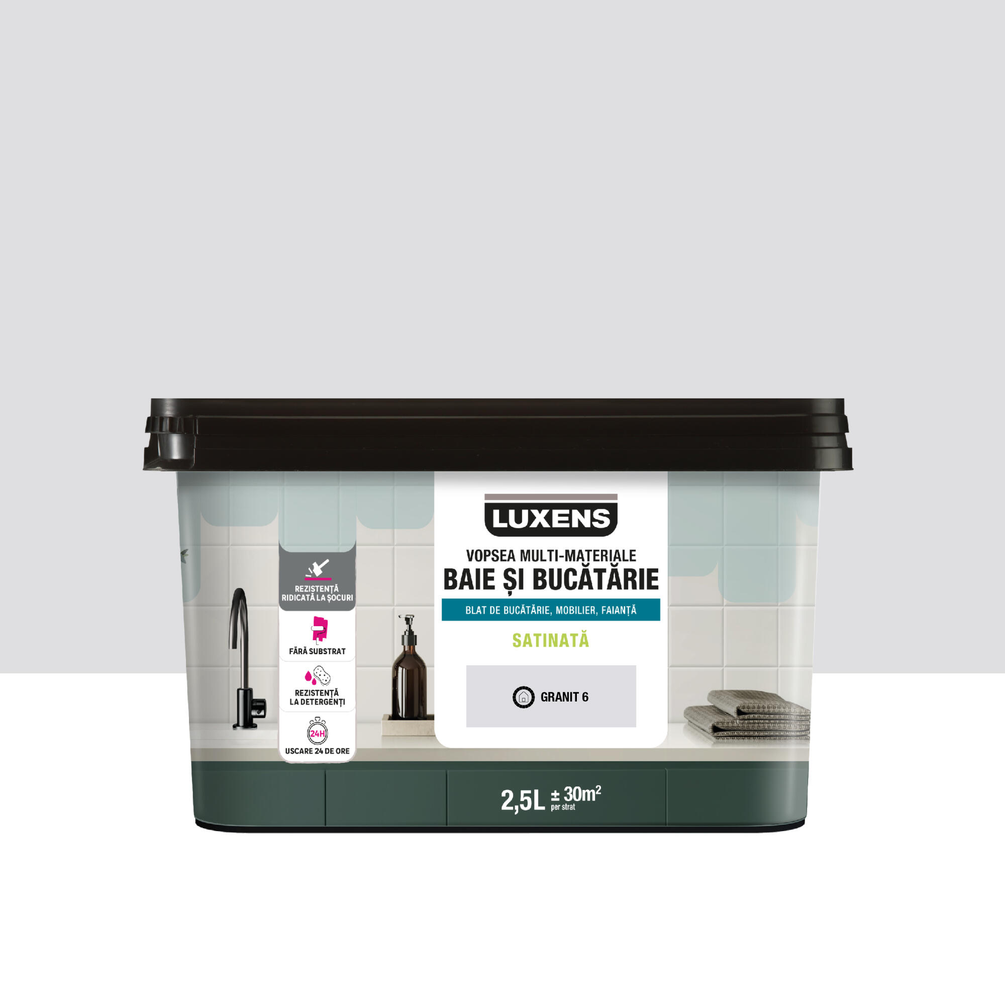 Vopsea multi-materiale, pe baza de apa Luxens, pentru baie si bucatarie, gri granit 6, aspect satinat, 2.5 L